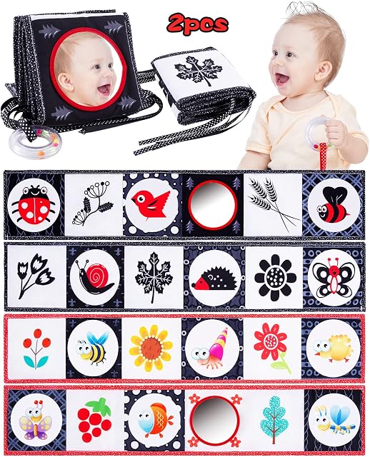ONLYFUN 2 PCS Tummy Time Montessori Baby Books Toys Foldable, Black and White High Contrast Mirror with Rattle Sensory Toys for Babies 0-6 Month, Early Development & Activity Gifts for Toddlders