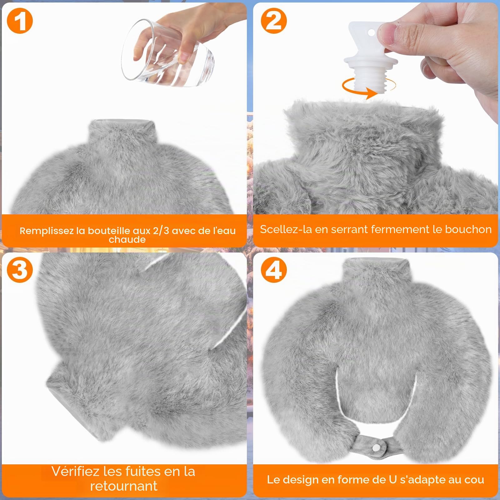 LURICO Bouillotte en Forme de U, Sac à Eau Chaude de Noël, Bouillotte de 1 L avec Housse en Polaire Amovible, PVC Sac à Eau Chaude pour Douleurs au Cou, au Dos et Aux épaules, Cadeau d'hiver (Gris)