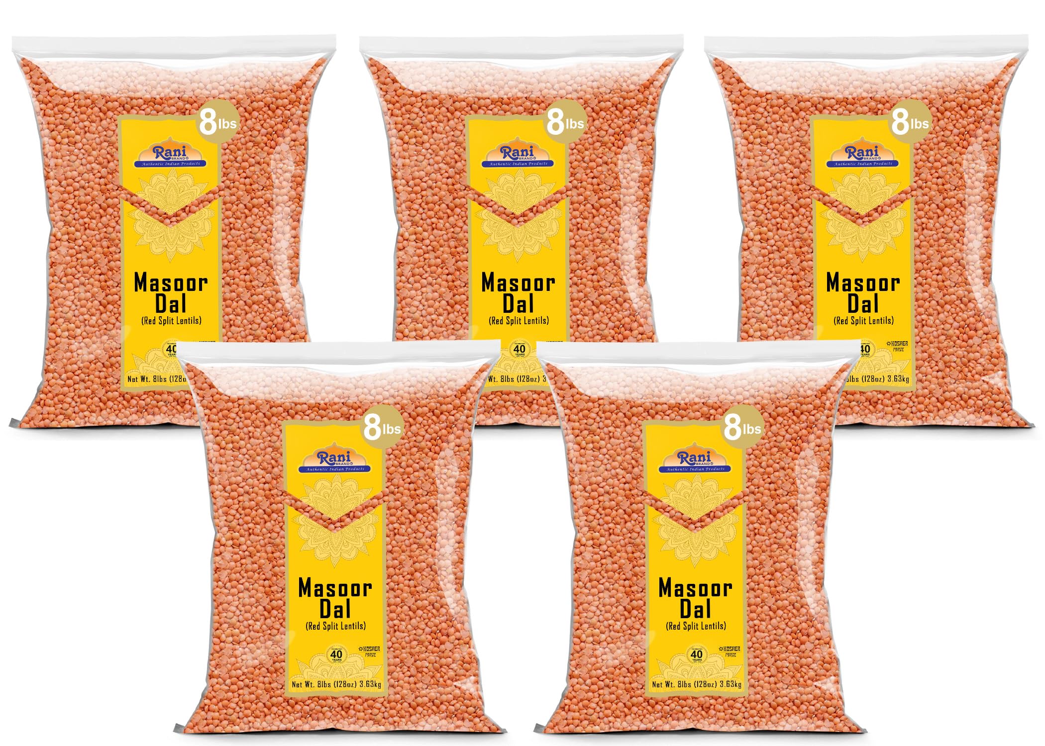 Rani Masoor Dal (Indian Red Lentils) Split Gram 128oz (8lbs) 3.63kg x Pack of 5 (Total 40lbs) Bulk ~ All Natural | Gluten Friendly | NON-GMO | Kosher | Vegan | Indian Origin