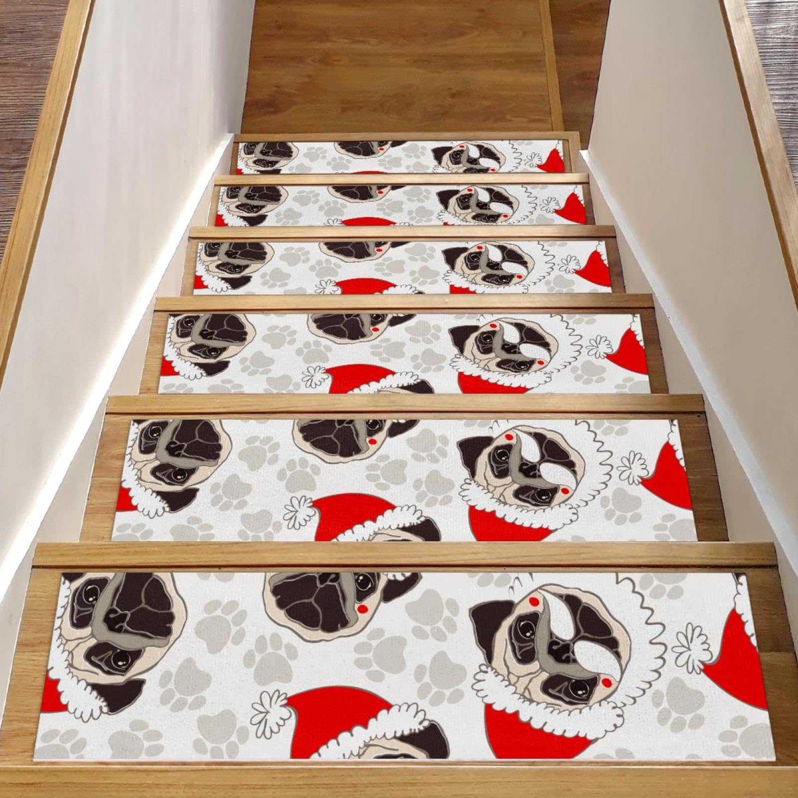 Alfombra para peldaños de escalera antideslizante con estampado navideño de perro de 15 unidades