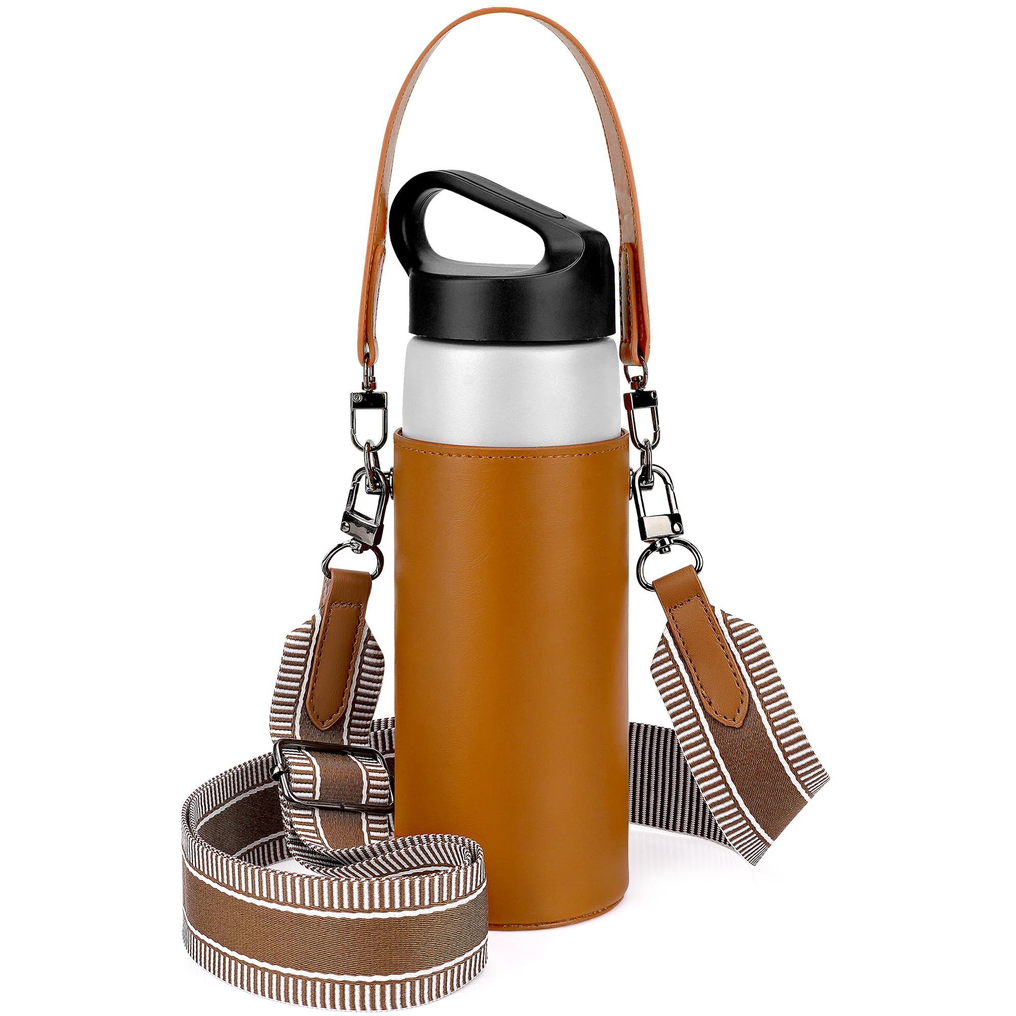 Linkidea Vegan Leather Water Bottle Carrier with Strap Compatible with CamelBak Carry Cap, Waterbottle Sling Bag Holder with Adjustable Shoulder Strap, Brown