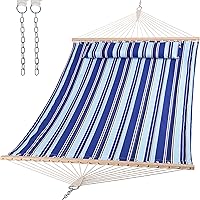 SUNCREAT Double Quilted Hammock with Spreader Bar & Pillow - 475 lbs Capacity, Blue Stripes, 2-Person Outdoor Comfort