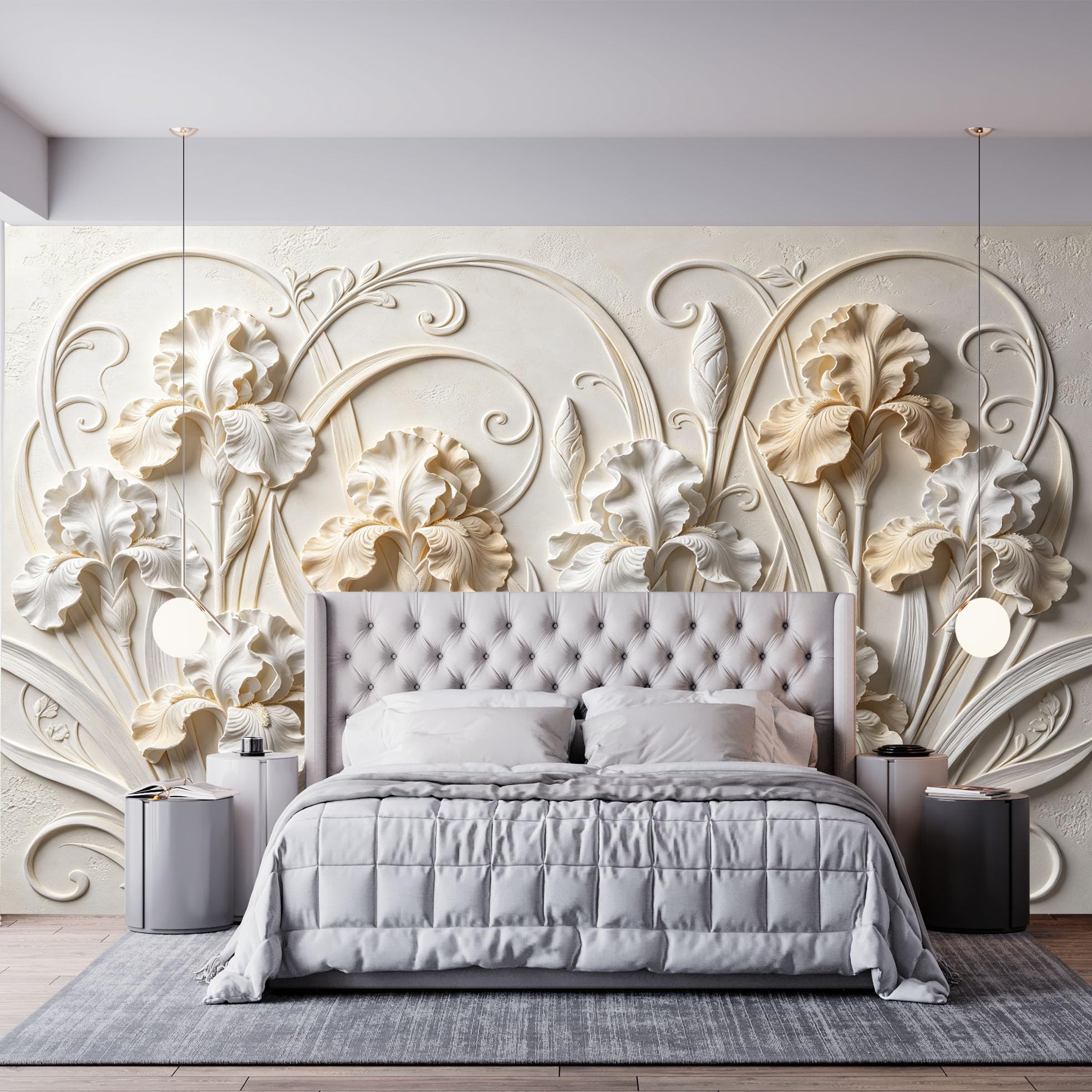 Elegancka fototapeta z kwiatem irysa 3D rzeźba kwiat kwiat włóknina tapeta luksusowa neoklasycystyczny ogród botaniczny fototapeta 350 x 256 cm kremowa biała okładzina ścienna do salonu sypialni