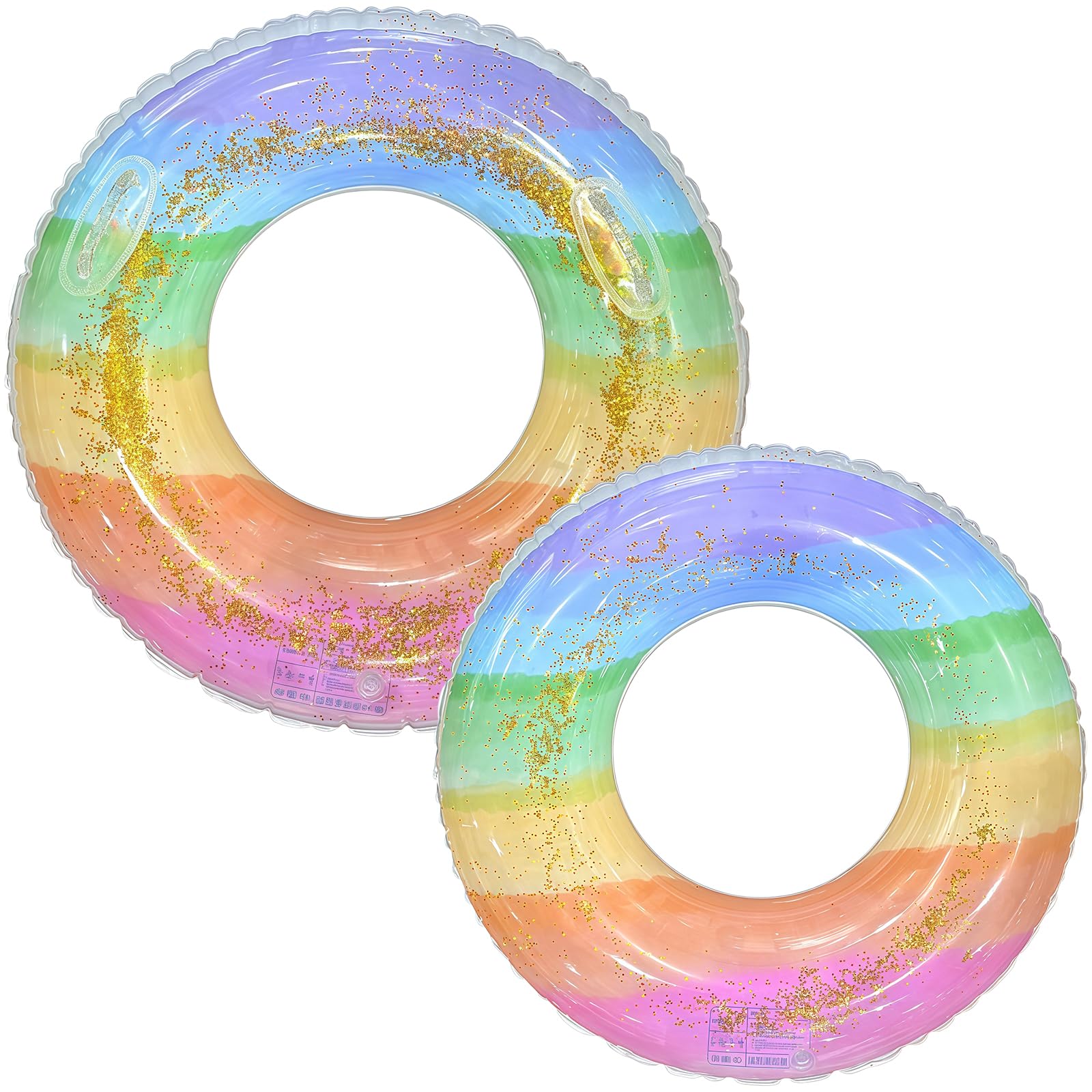 2 Pack Rainbow Inflatable Swimming Rings 70cm 90cm, Colourful Pool Floats Rubber Ring for Kids Adults, Paddling Pool Beach Holiday Water Party