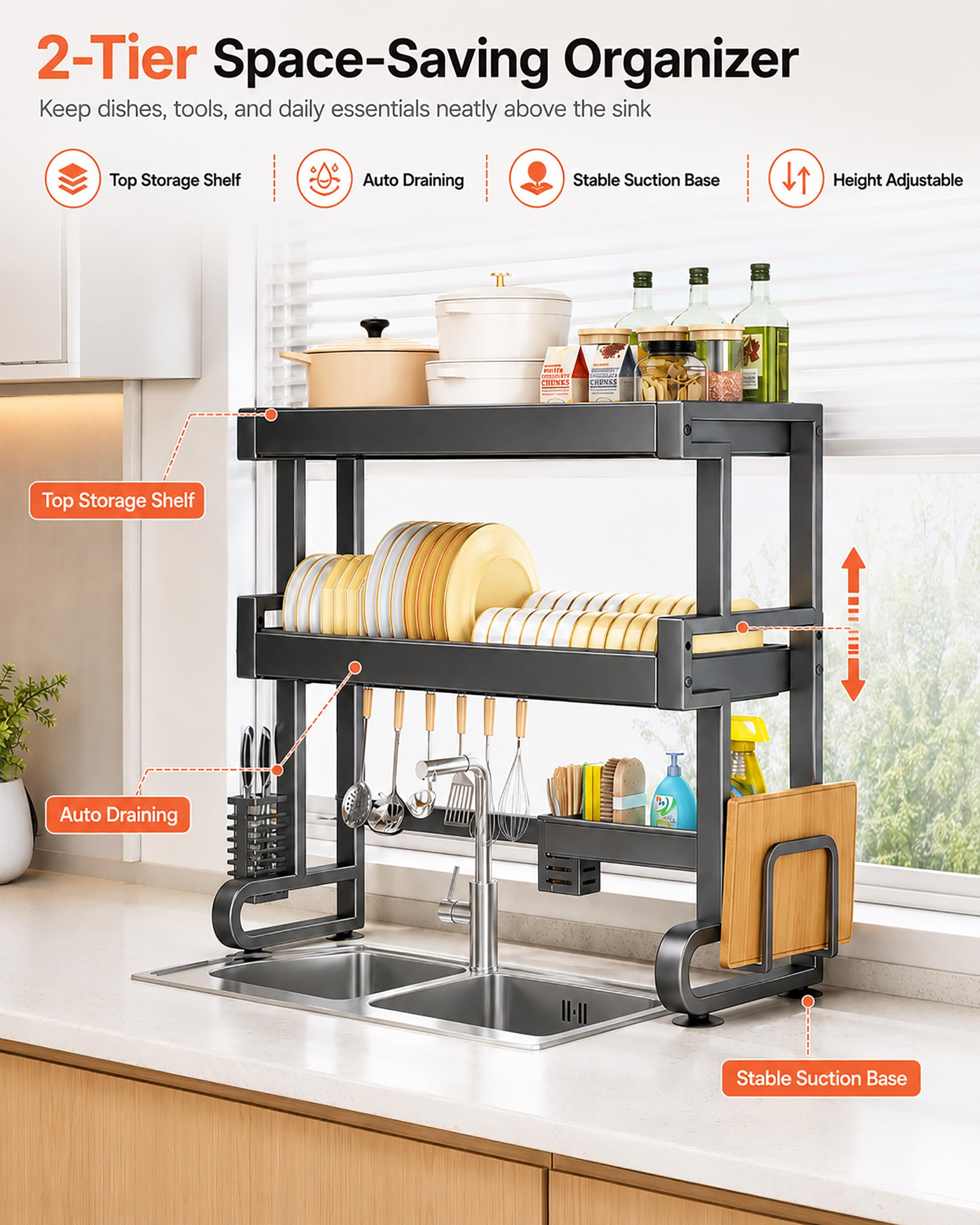 Scolapiatti da sopra Lavello Regolabile a 2 Livelli - Organizzatore Cucina Salvaspazio in Acciaio Carbonio con Drenaggio Automatico, Mobiletto Portapiatti per Piano Lavoro