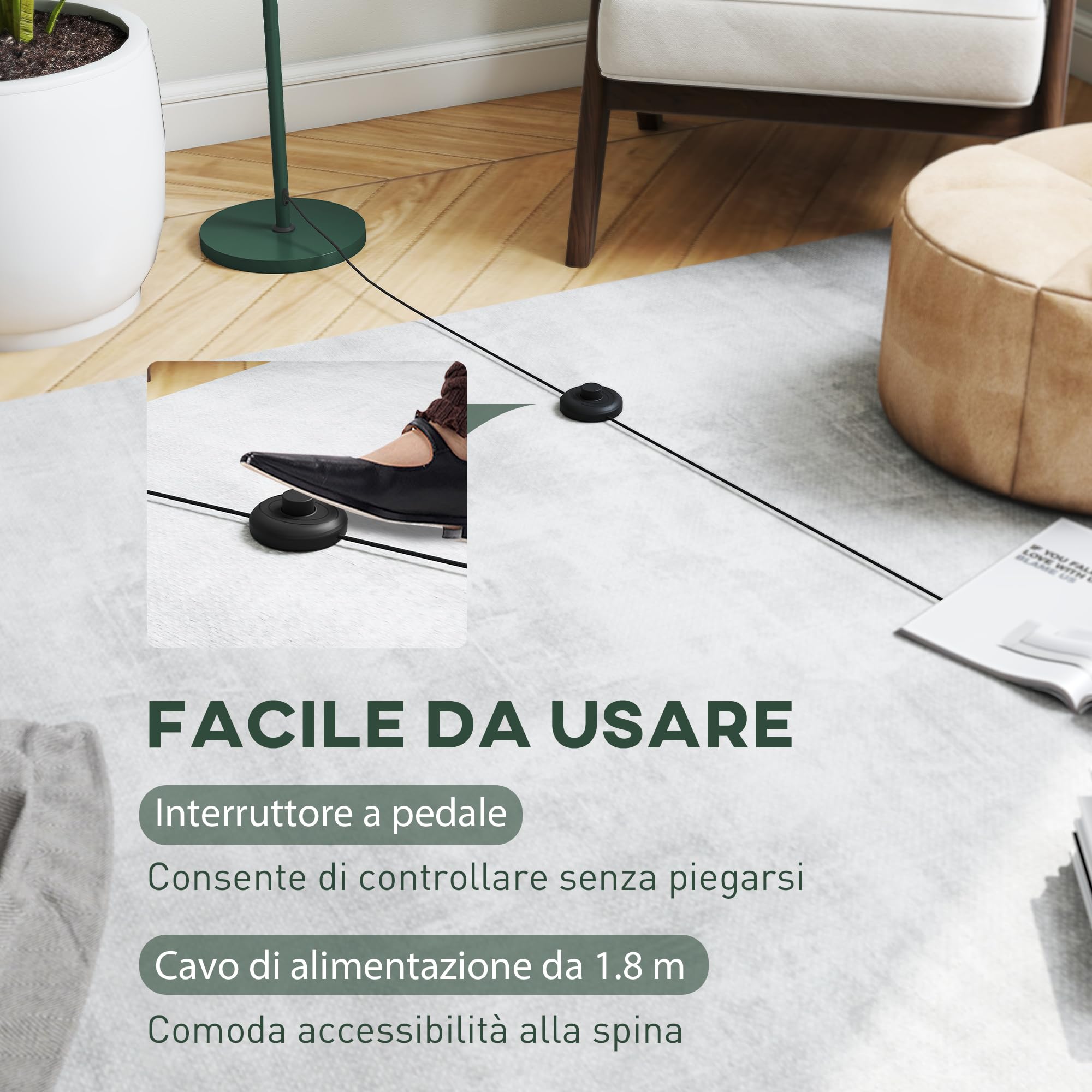 HOMCOM Lampada da Terra con Paralume Semicircolare e Interruttore a Pedale, Lampada a Piantana in Acciaio, Ø30x155 cm, Verde