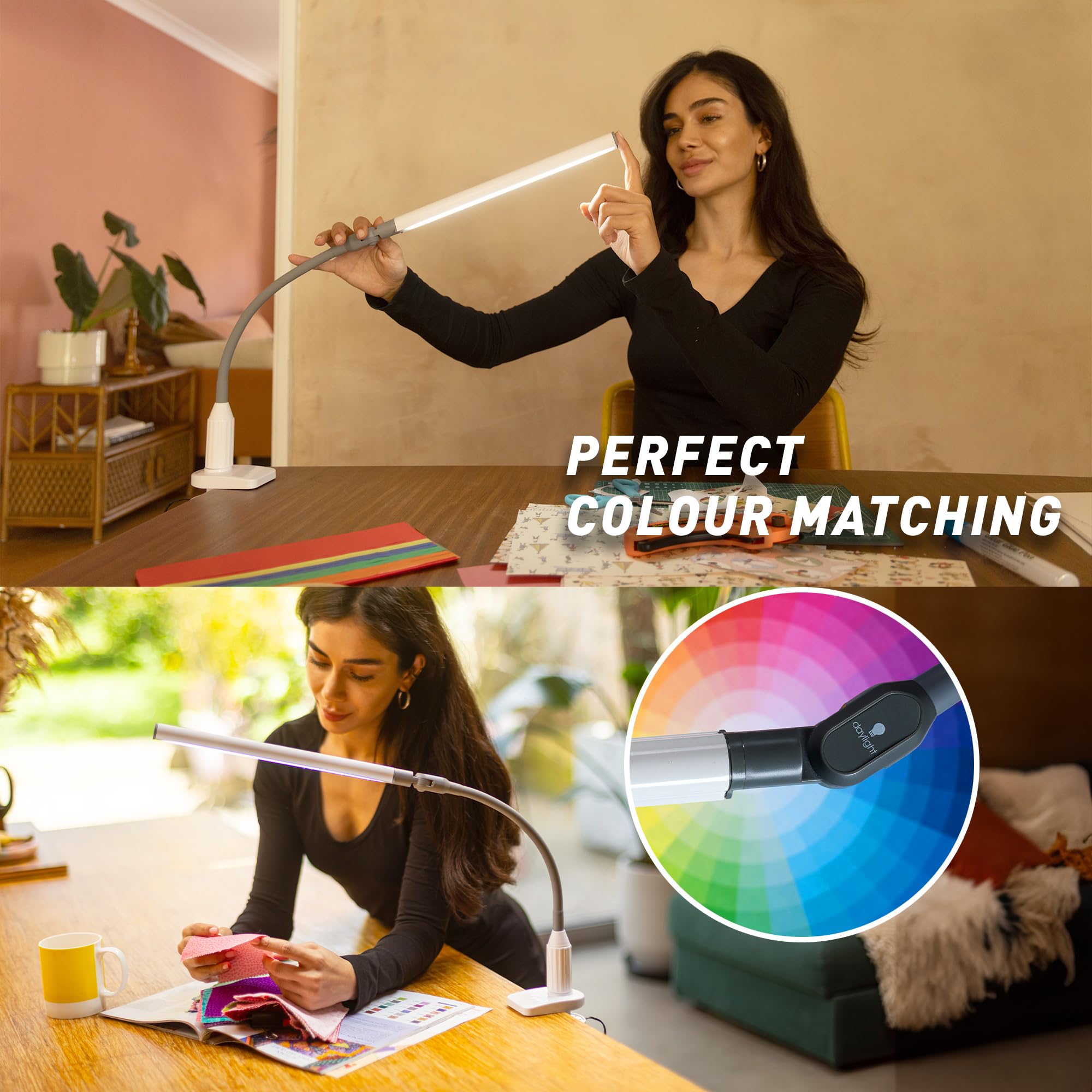 Daylight UnoPro™ Clamp Lamp - High CRI 95 LED (6,000K, 1150 Lux), Anti-Glare Shade, 4 Brightness Levels, Flexible Arm, Sturdy Clamp (White)