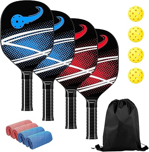 Paletas de pickleball, juego de 4 paletas de pickleball premium, 4 a 40 agujeros, 4 toallas de enfriamiento y bolsa de transporte, raquetas de