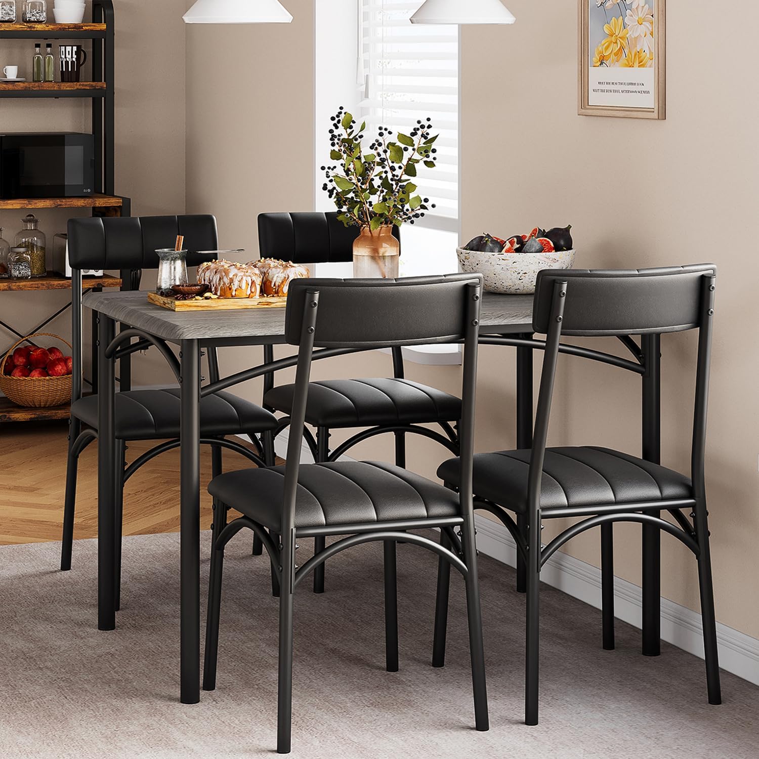 Dining Table Set for 4, Kitchen Table and Chairs, Rectangular Dining Room Table Set with 4 Upholstered Chairs, 5 Piece Kitchen Table Set for Small Space, Apartment, Retro Gray