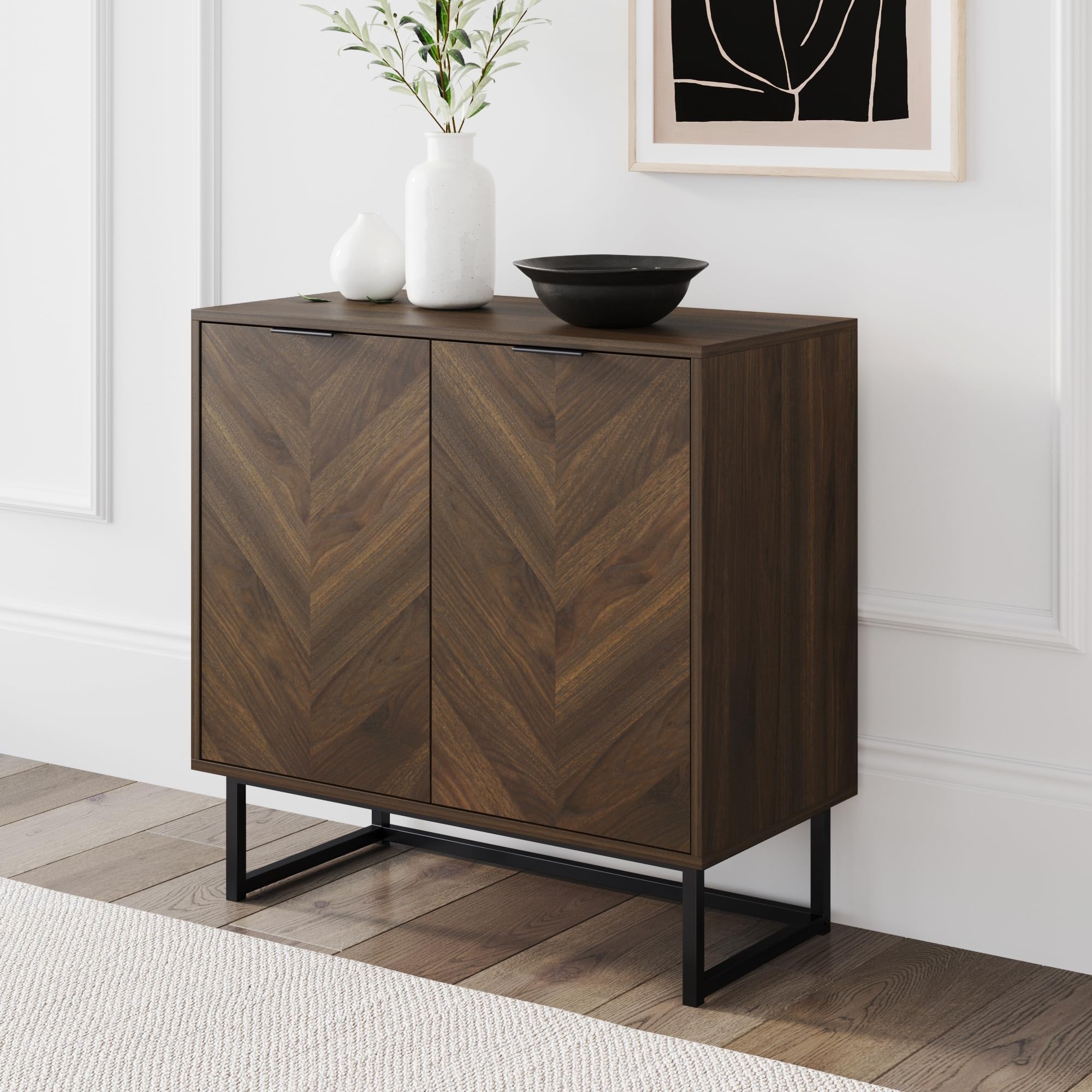 Nathan James Enloe Modern Sideboard Buffet Storage Accent Cabinet with Doors in a Rustic Walnut Finish and Black Matte Metal Base for Hallway, Entryway, Kitchen or Living Room, Walnut/Black