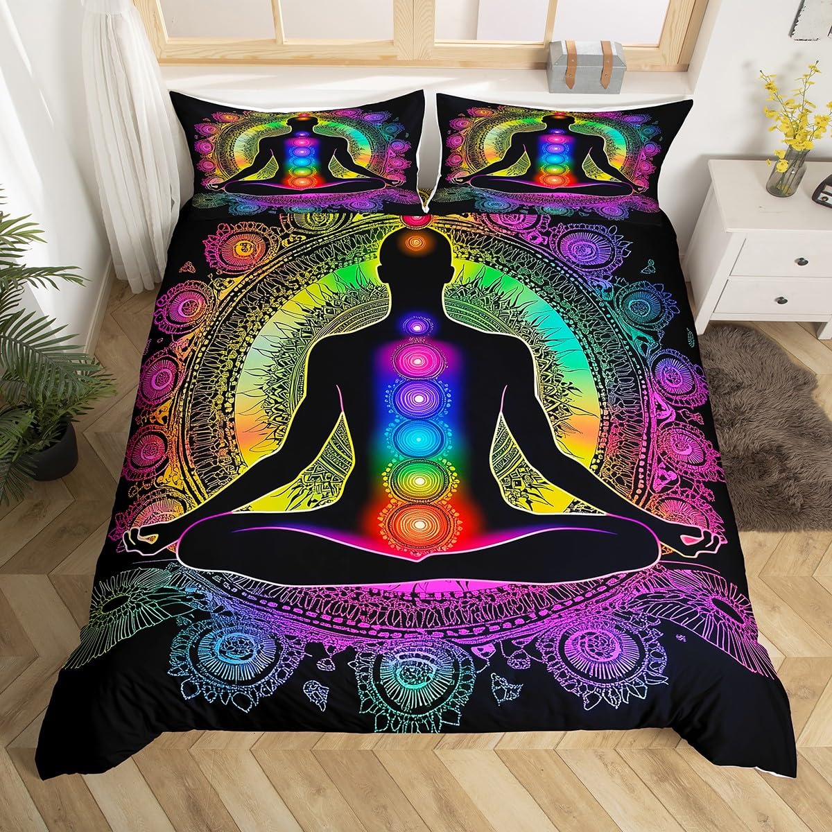 Yoga Duvet Cover Gradient Mandala Comforter Cover,Chakra Meditation Double Bedding Set for Kids Boys Girls Teens Lotus Chakra Art Quilt Cover