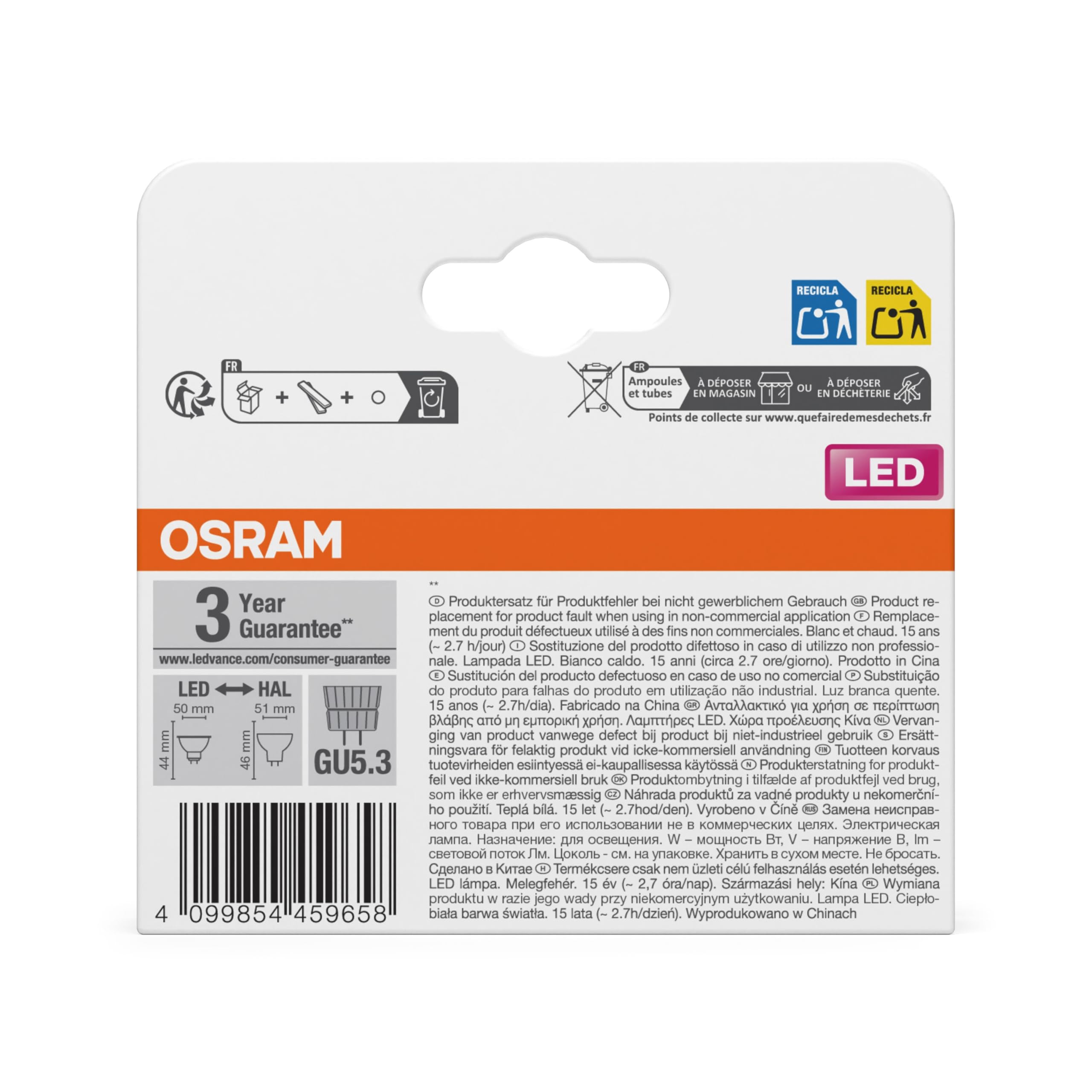 OSRAM Reflector LED Spot Star MR16, blanco cálido 2700 K, 3,4 W, GU5.3, 36°, 345 lm, bajo voltaje, transparente, para focos, vitrinas, 15.000 h,3-Pack