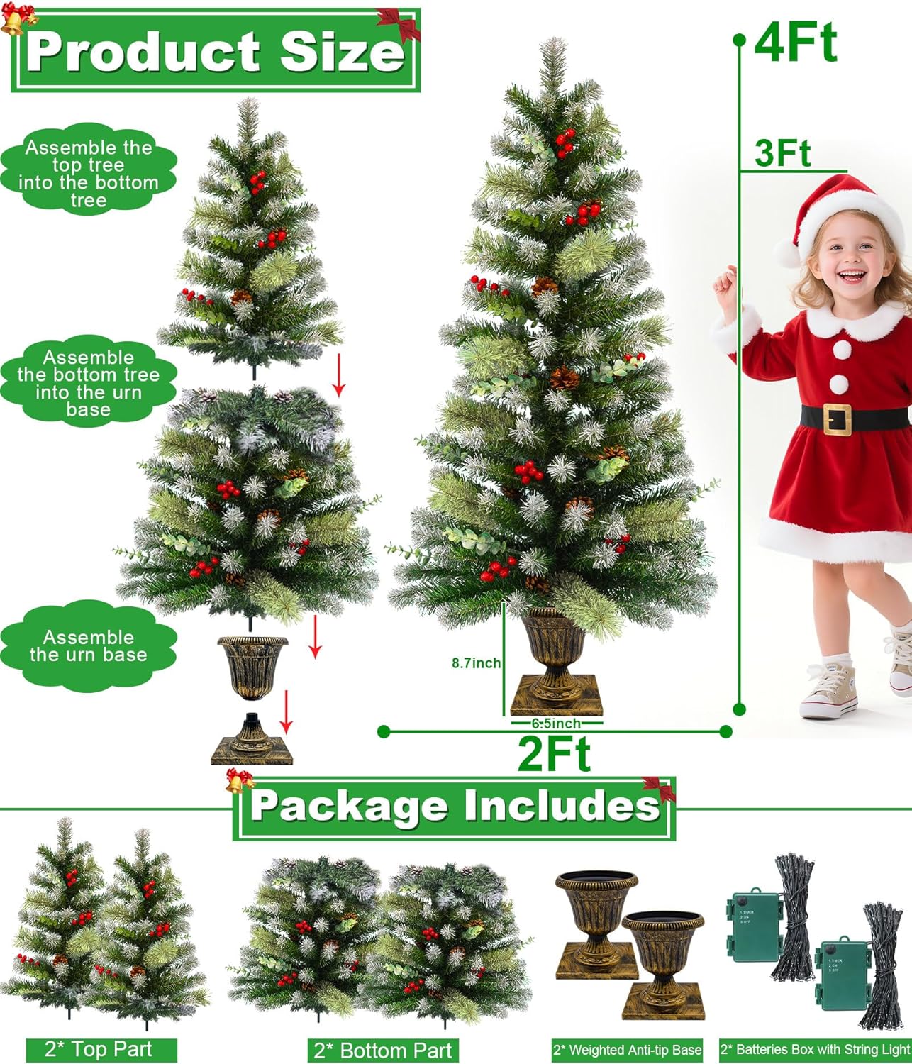 2 Set 4Ft Snowy Outdoor Christmas Entrance Tree with Timer 60 Warm Lights Battery Operated,120 Branches Tips,14 Eucalyptus,13 Smoky Pine Bristle Leaves,10 Pine Cones,9 Red Berries for Porch Front Door