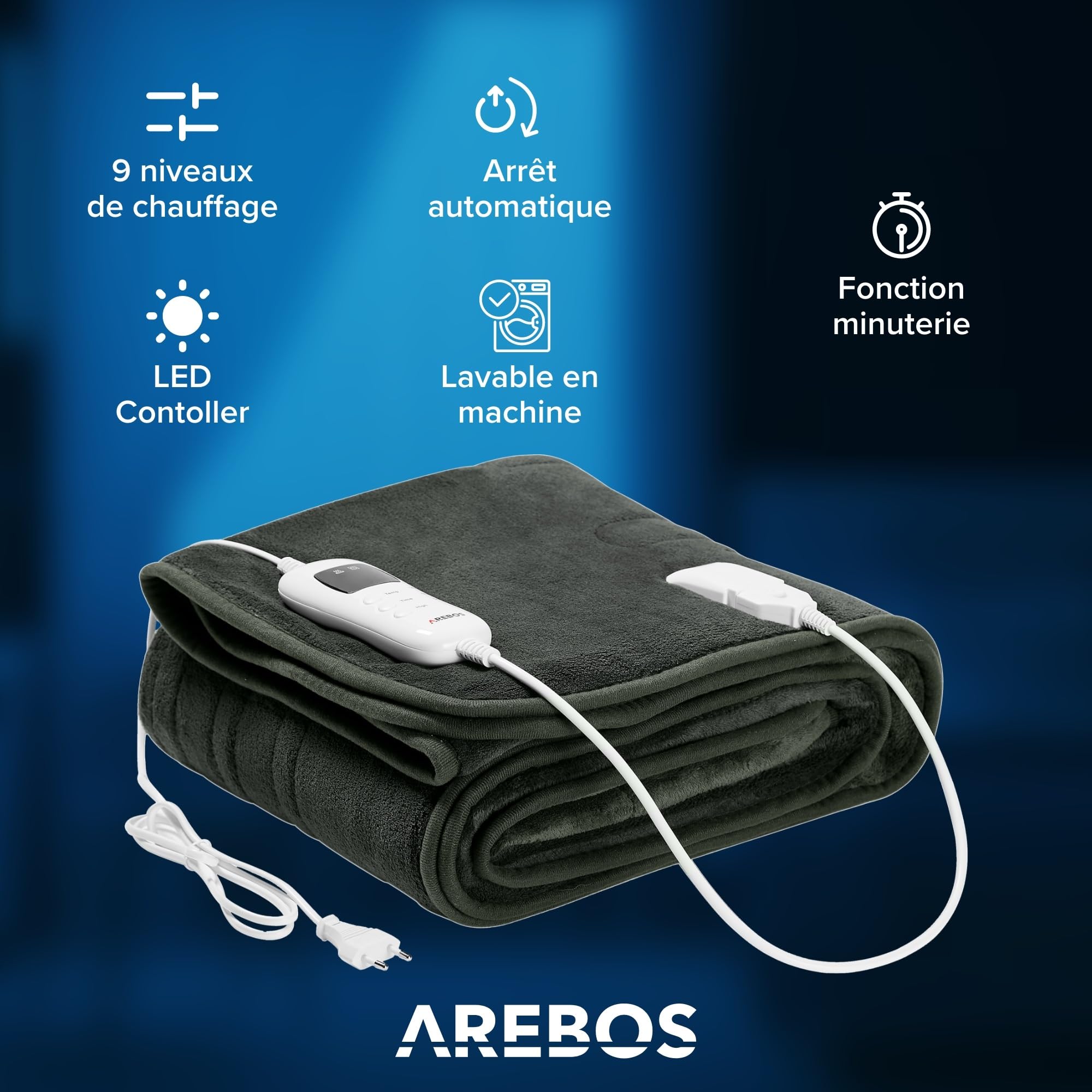 Arebos Couverture chauffante 200x180 cm | Arrêt automatique, minuterie, protection contre la surchauffe, fonction de préchauffage | 9 niveaux de chauffage | contrôleur amovible inclus | Anthracite