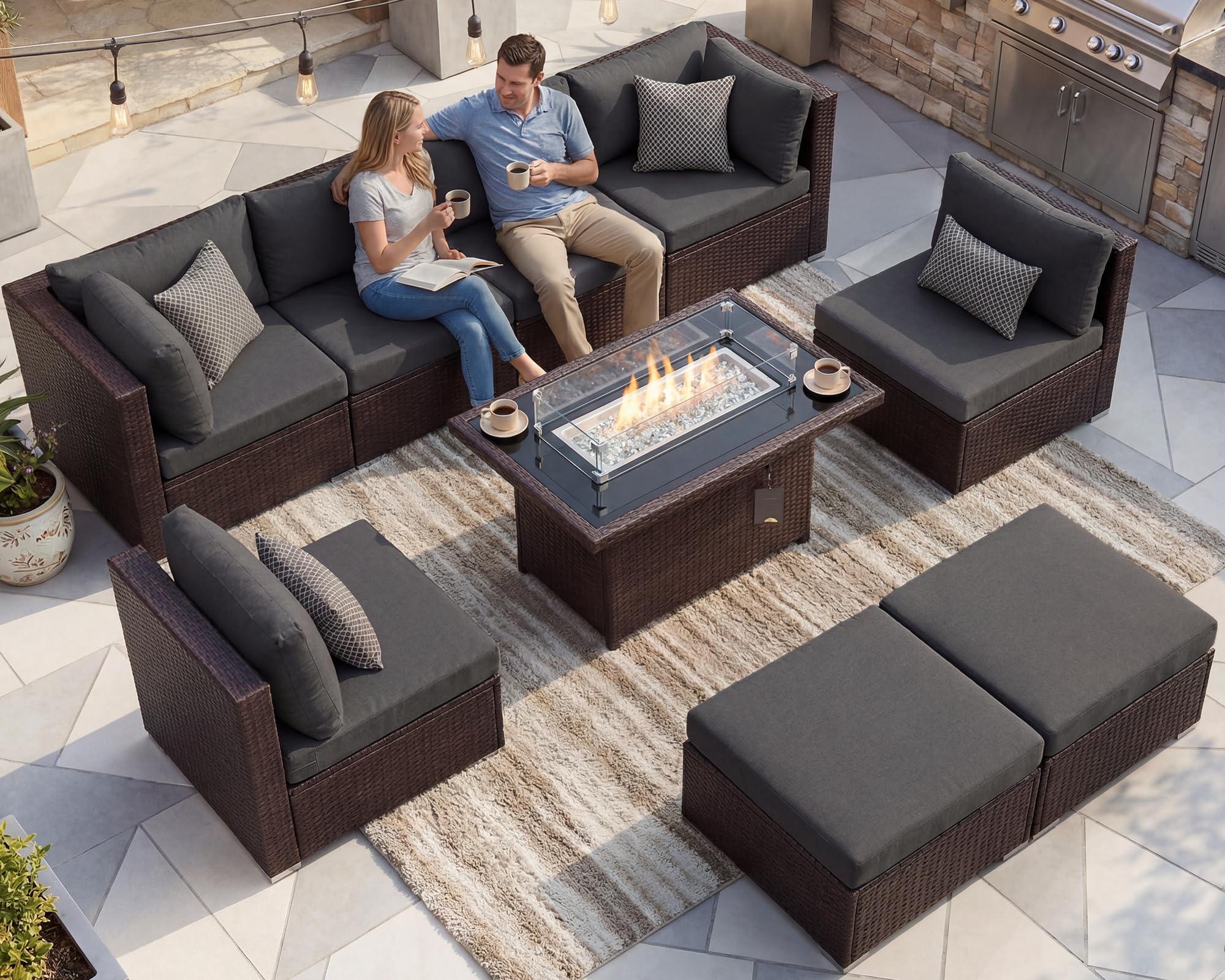 NICESOUL 8-Seat Sectional with Firepit Table in Espresso and Dark Grey