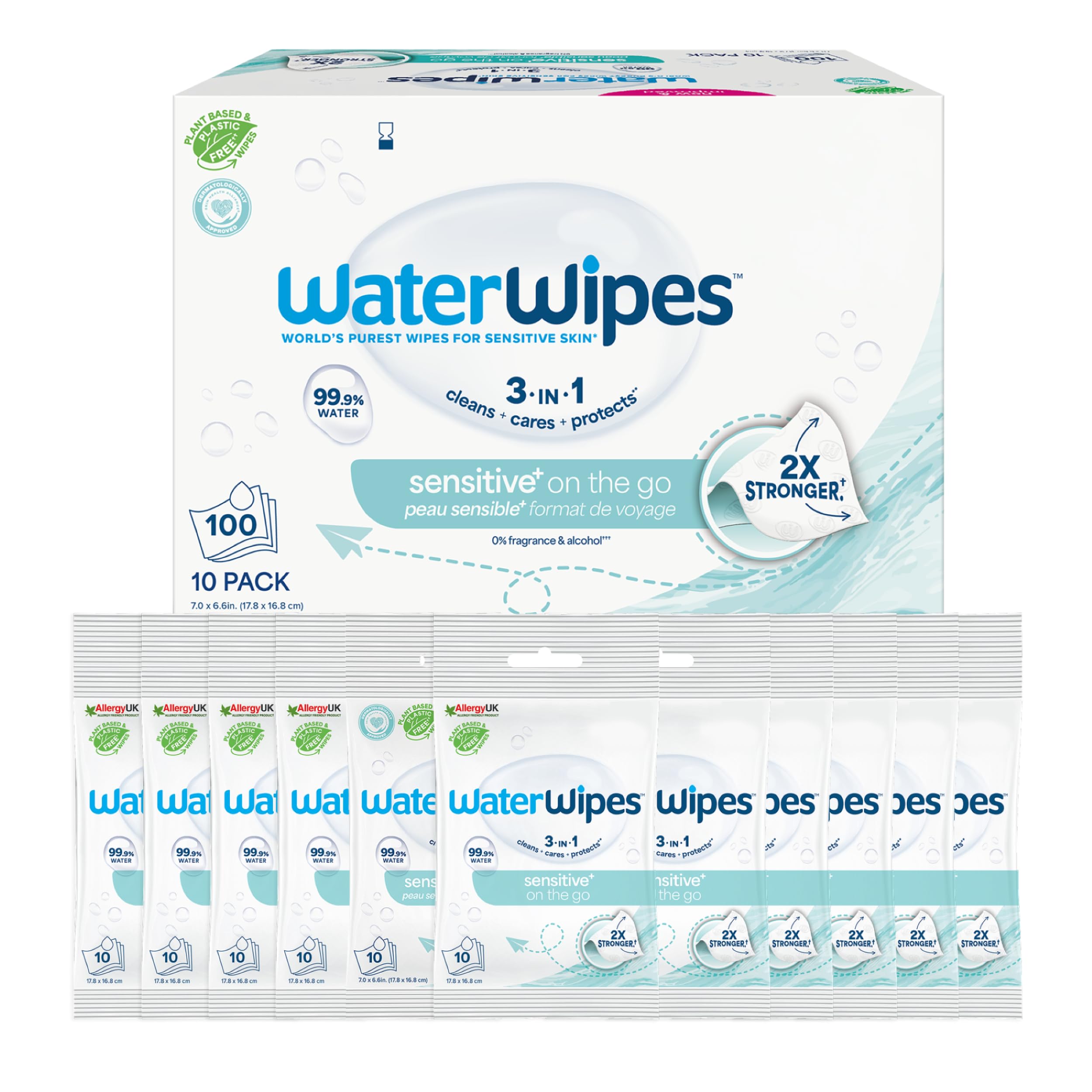 – WaterWipes Sensitive+ On The Go Wipes, 100 Count (10 Packs), 3-In-1 Cleans, Cares, Protects, 99.9% Water, Unscented Wet Wipes