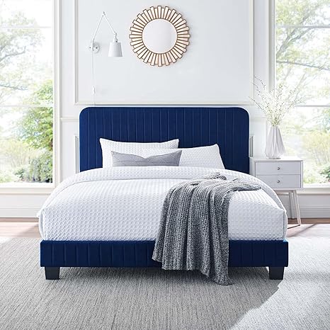 Modway Celine Channel Tufted Performance Velvet Queen Platform Bed in Navy