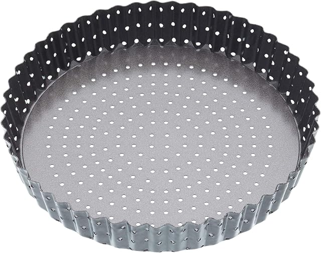 MasterClass KCMCCB37 Crusty Bake 23 cm Perforated Quiche Tin with PFOA Non Stick and Loose Bottom, Fluted, Robust 1 mm Carbon Steel , Grey
