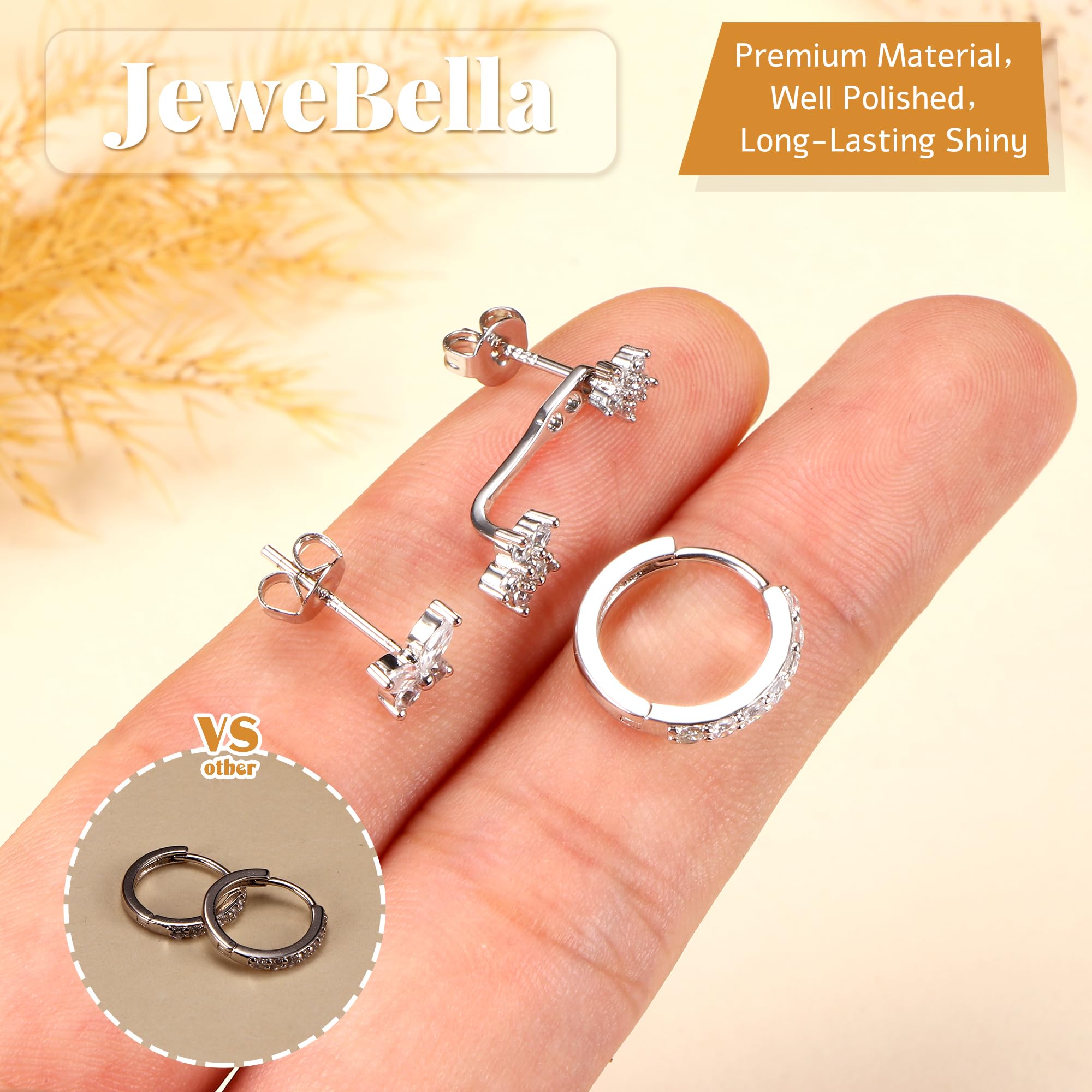 JeweBella 3 Paia Orecchini Set in Argento 925 per Donna Oro Placcato 14K Piccoli Orecchini a Bottone Set Impilabili Orecchini a Lobo Orecchini a Cerchio Set per Piercing Multipli