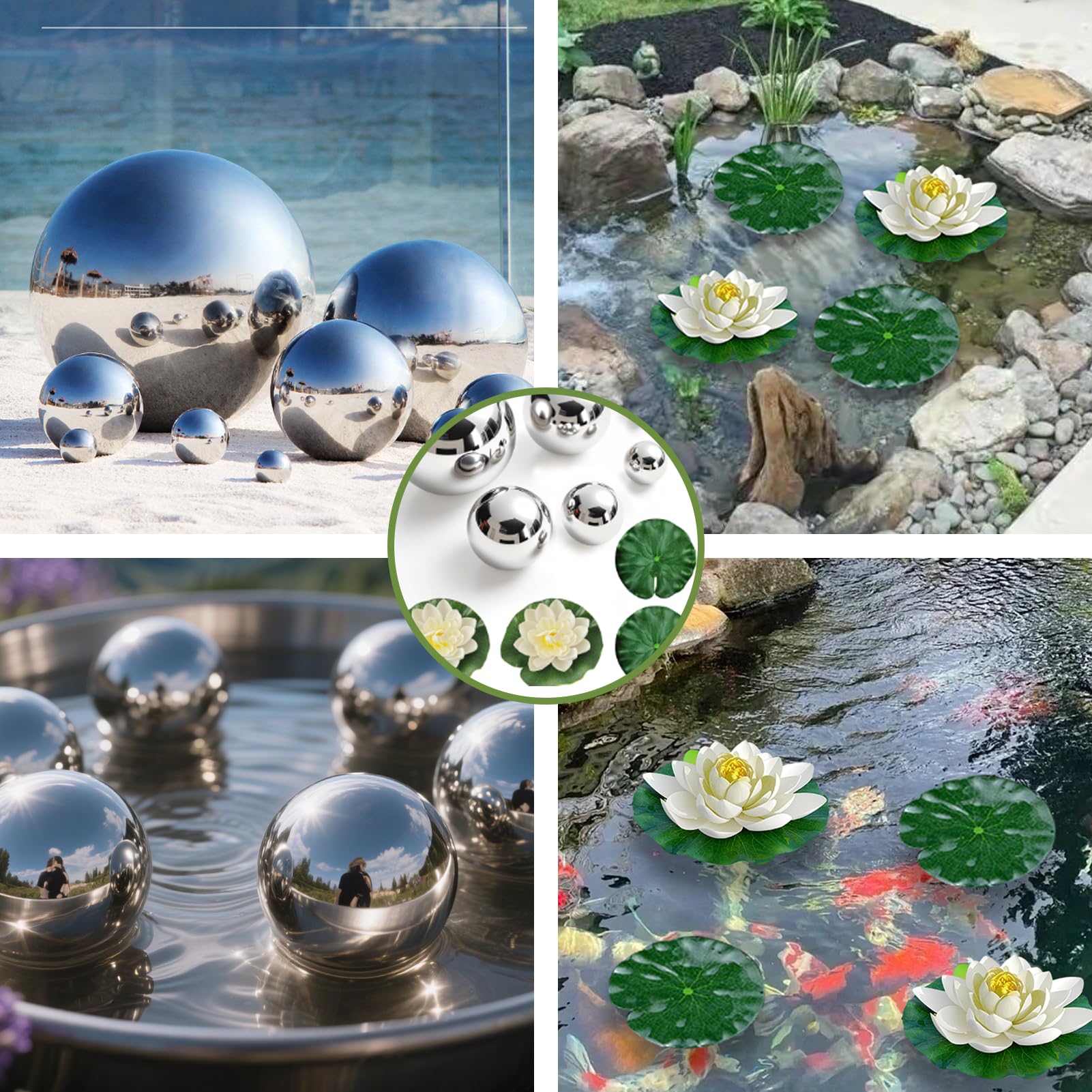 Set di 6 palline decorative, palline galleggianti, palline da giardino, argento, acciaio inossidabile con 4 foglie di loto galleggianti, fiori galleggianti, per laghetti da giardino