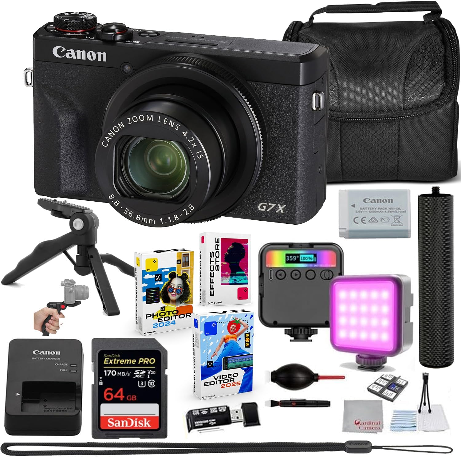 PowerShot G7 X Mark III Digital Camera Bundle (Black) + Sandisk 64GB Extreme Card, Accessory Package Including LED Light, Pouch, Hand Grip, Photo/Video Editing Software Package, Bag & More