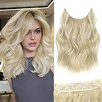 Vista 45 de Extensiones de cabello tipo aureola de 20 pulgadas, alambre invisible, ajustable, cabello largo ondulado, mejora sintética, 4 clips de seguridad