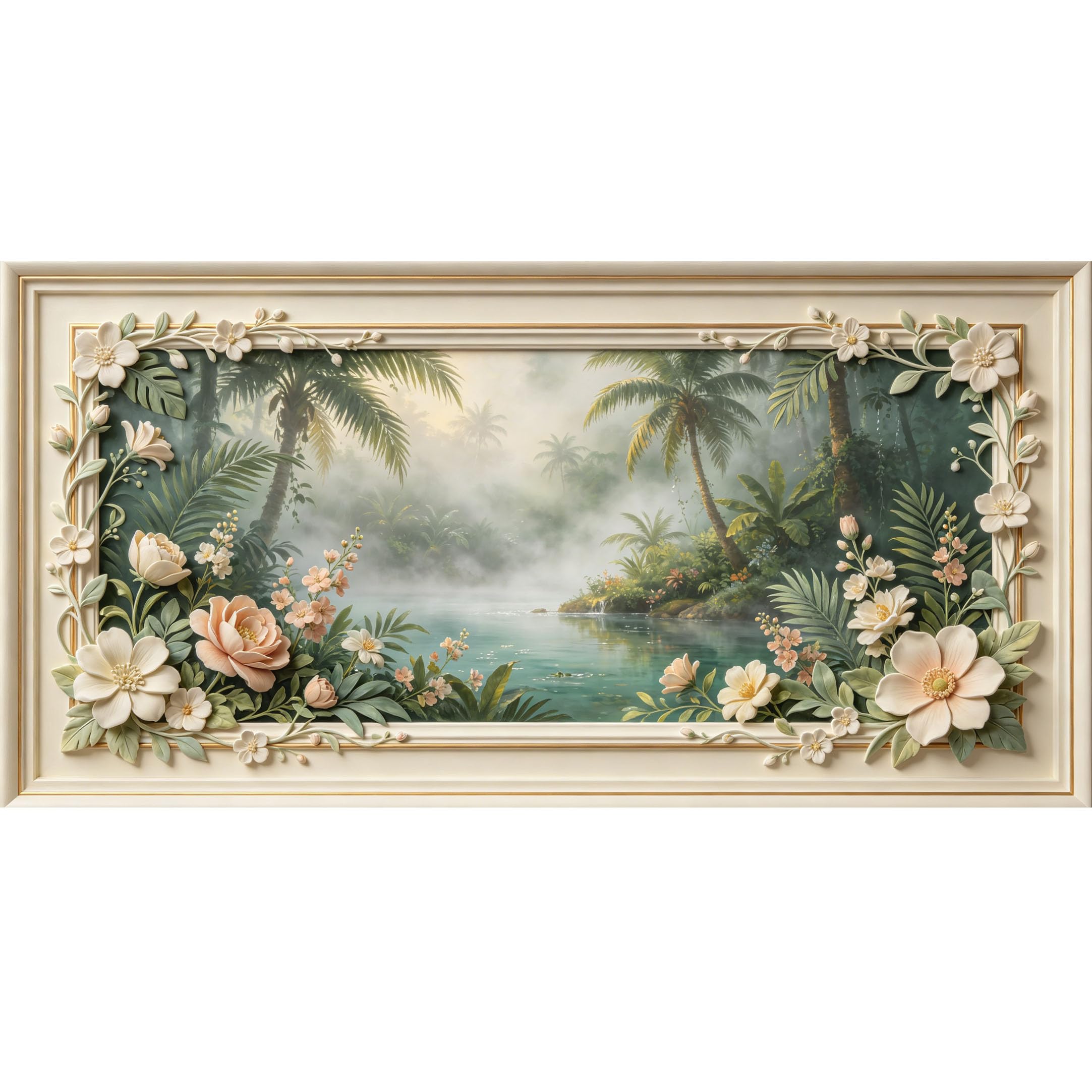 Agglomerix 3D Framed Wall Art Tropical Lake Palm Botanical Relief Effect Large Size SelfAdhesive Removable Wall Decor Prints Artwork for Living Room Bedroom Office Home Decor Background