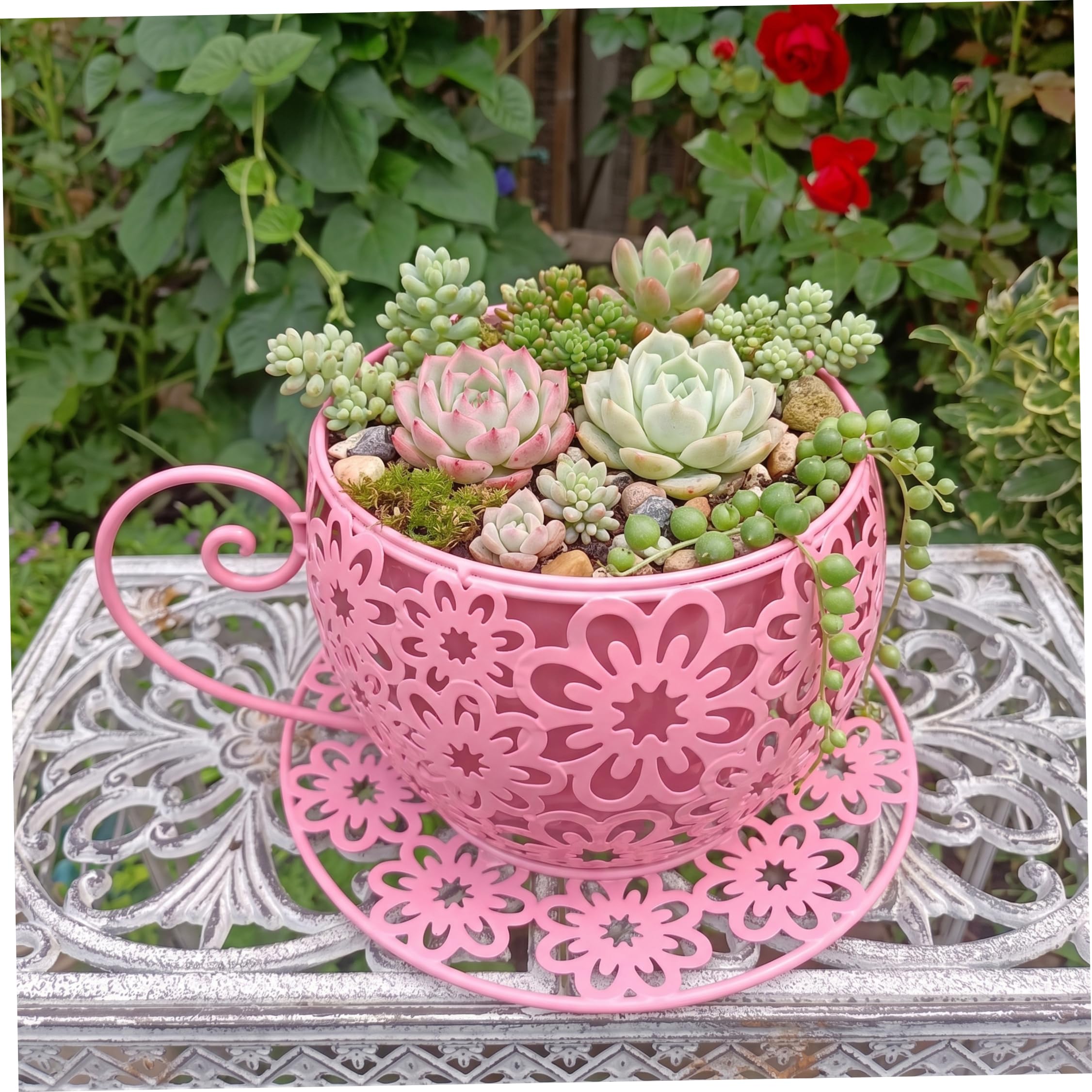 Faticenic Teacup Planter, Exquisite Unique Plant Pots Coffee Cup Succulent Planter with Hollow Floral Design Iron Teacup for Indoor Outdoor Decor, Style-1, Unique Plant Pots
