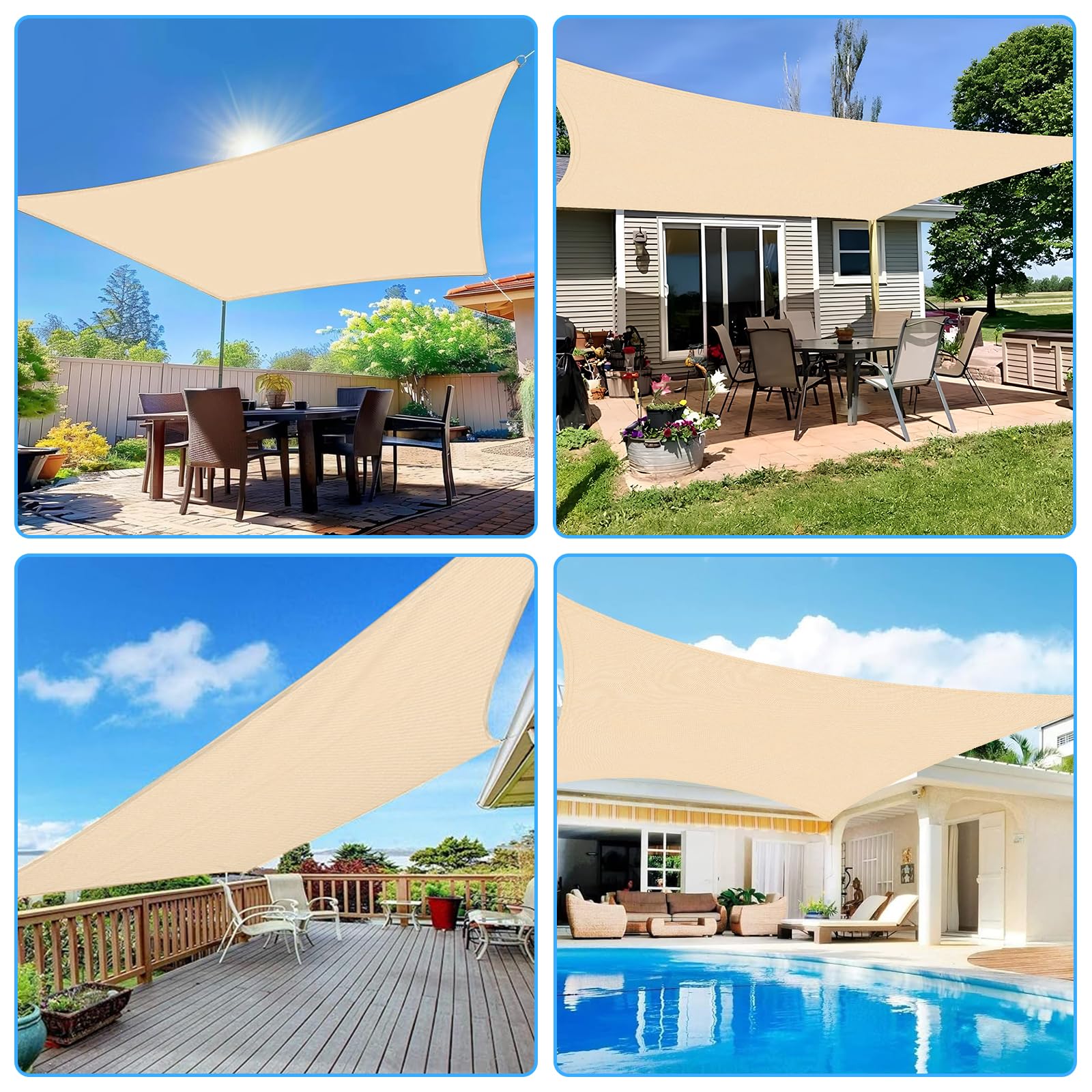 Wasserdichtes Rechteckiges Sonnensegel 3x5m 420D Verschlüsseltes Verdicktes Oxford Gewebe 95% UV Beständig für Pool, Garten, Terrasse, Park, Camping - Beige