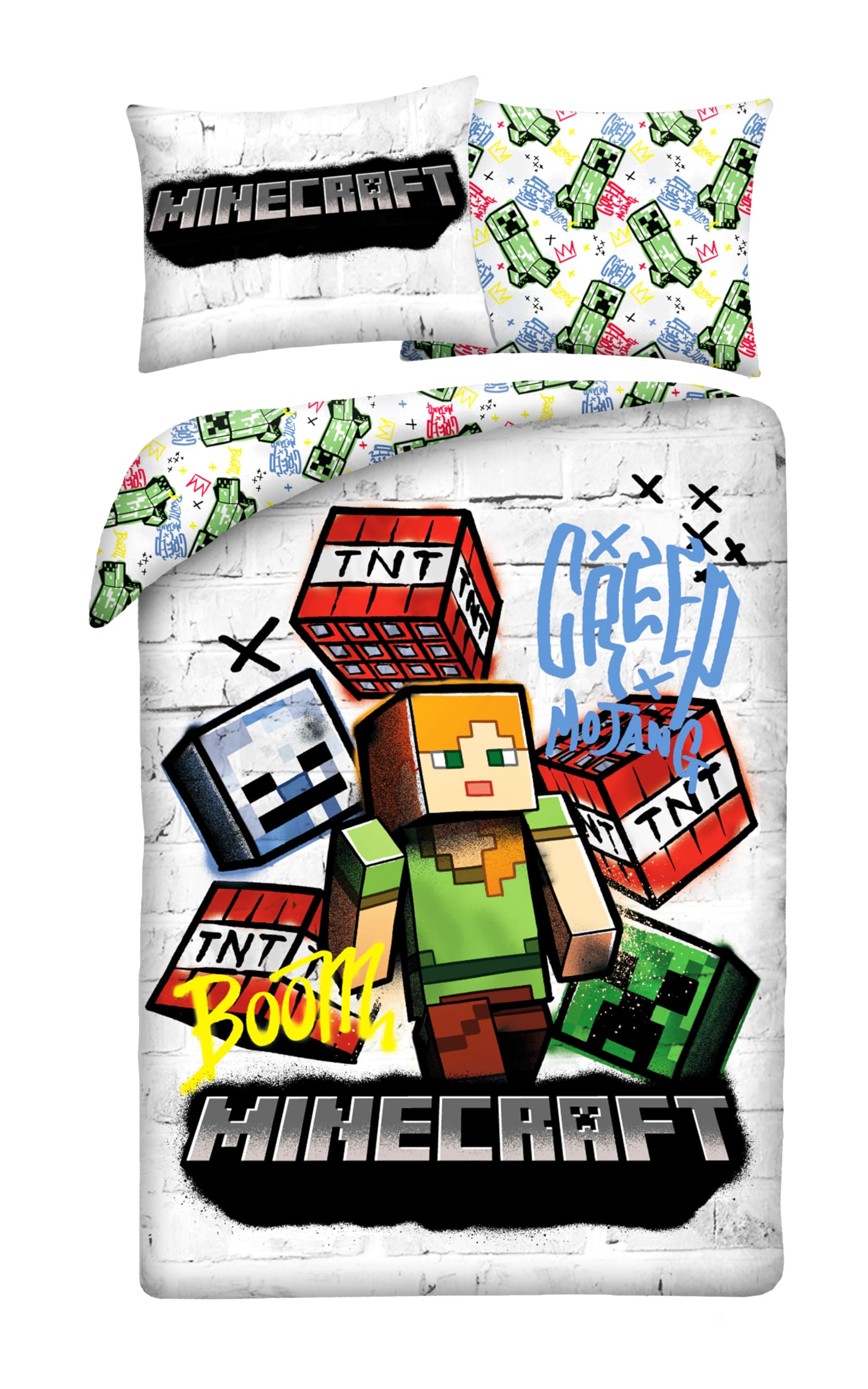 Minecraft Graffiti Pościel 140x200 + Poszewka 70x90 Alex TNT Creeper Gra | Odwracalna pościel jednoosobowa | Miękka mikrofibra Oeko-Tex szybkoschnąca | Oficjalna licencja | 6-14 lat