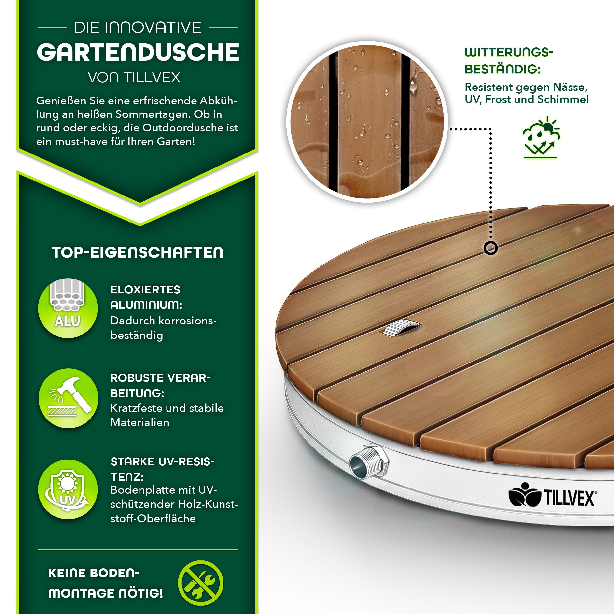 tillvex® Gartendusche Outdoor bis 4 m Fontänenhöhe | Bodendusche rund mit Fußrad | Außendusche rutschfest | Saunadusche wetterfest | Campingdusche aus Aluminium/WPC/Holzoptik