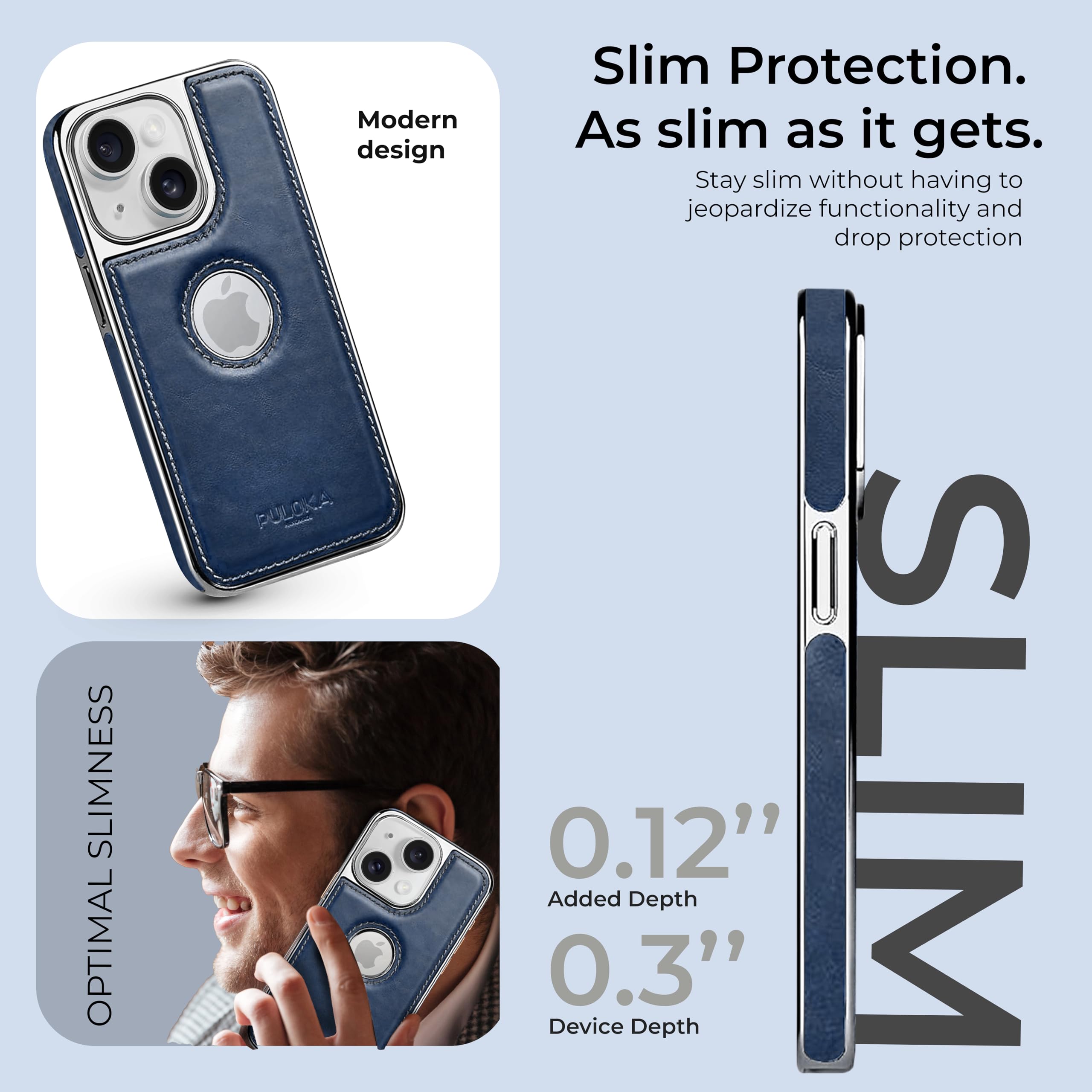 PULOKA Chrome Leather Back Case - Compatible with iPhone 15 - Luxury Bumper Case - Flexible Vegan Leather - Electroplated Sides & Logocut - Full Camera Protetection & Raised Edges - (Blue) 2