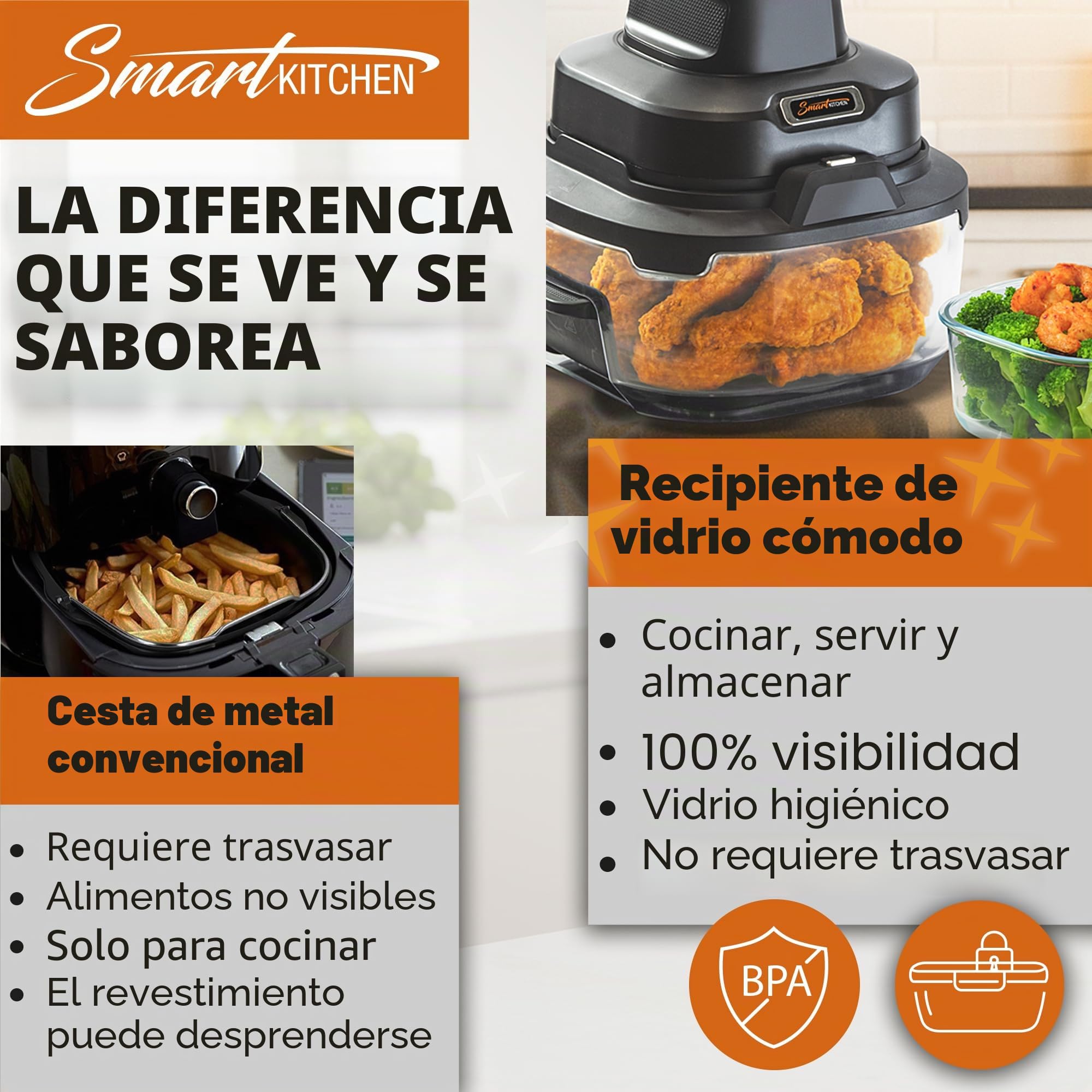 Freidora de aire inteligente de vidrio para cocina 4 en 1 – Air Fryer para hornear, recrisp y Max Crisp – 4 L + 1,5 L Torre Turbo Pro con recipiente de vidrio – Compacta y portátil – Negro