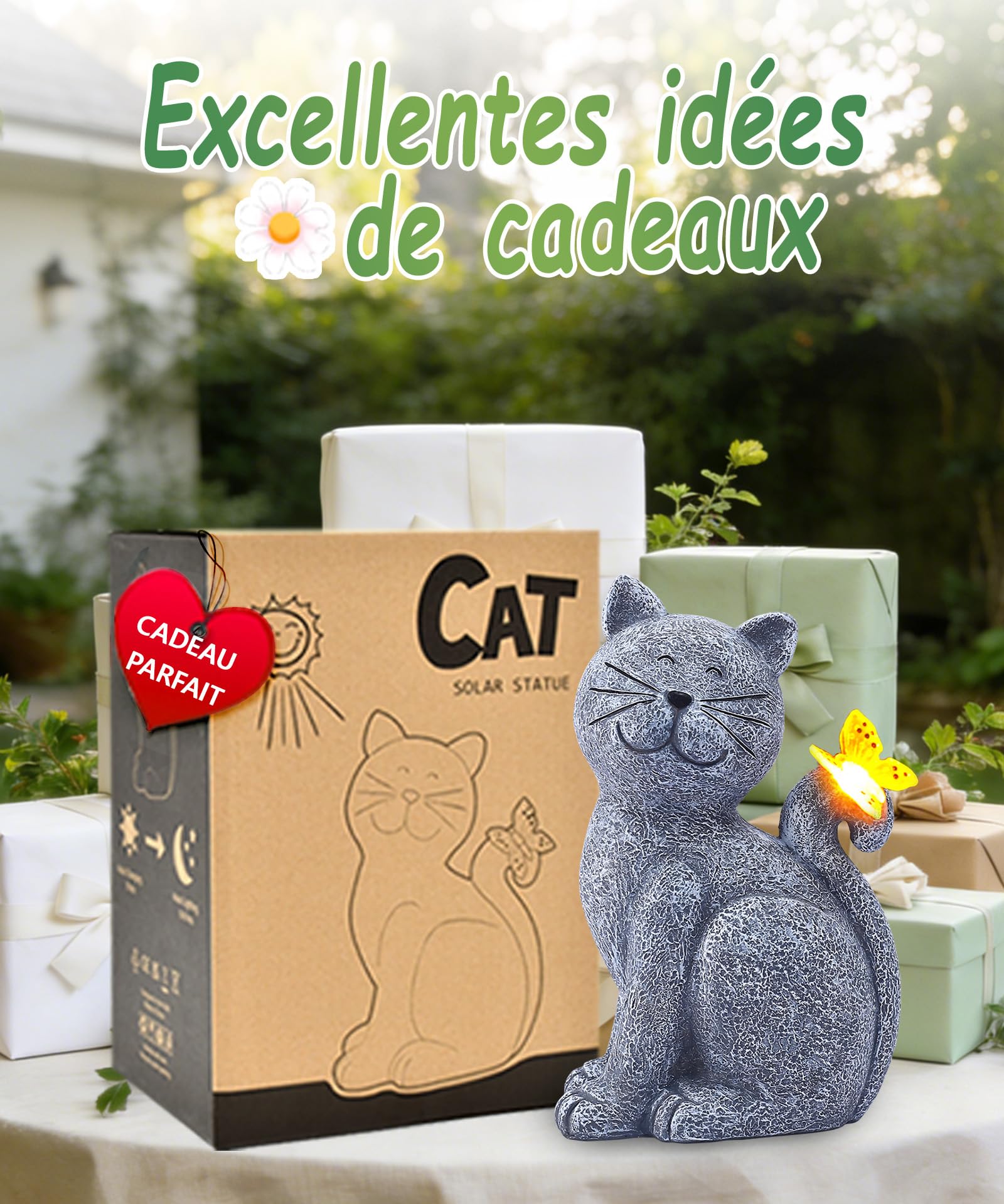 Yeomoo Figurines Chats avec Papillon Solaire Decoration Jardin Exterieur