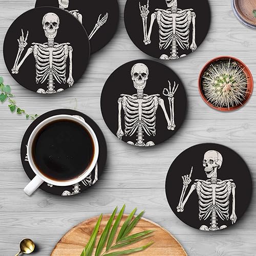 Miniatura 4 de Britimes Juego de 6 posavasos para bebidas, cuerpo de calavera de esqueleto, huesos vintage, tapete redondo absorbente de piedra de cerámica, con