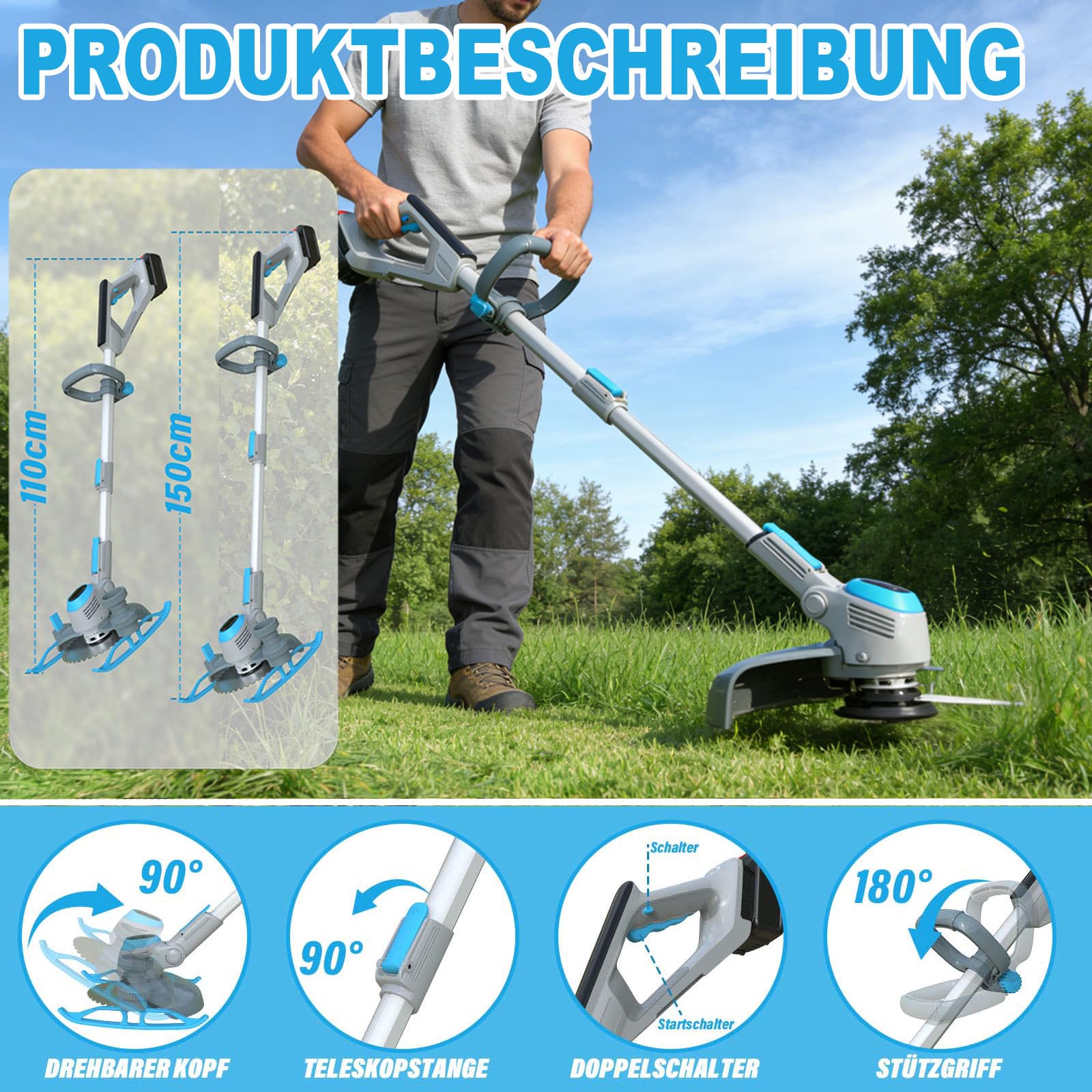 Akku Rasentrimmer für Makita-Akkus, 2 in 1 Rasentrimmer mit 2 x 3.0Ah Akku | 21V Akku Freischneider/Rasenkantenschneider mit 3 Klingenmodellen für Rasen, Garten, Einfassung der Einfahrt und Buschtrimmen