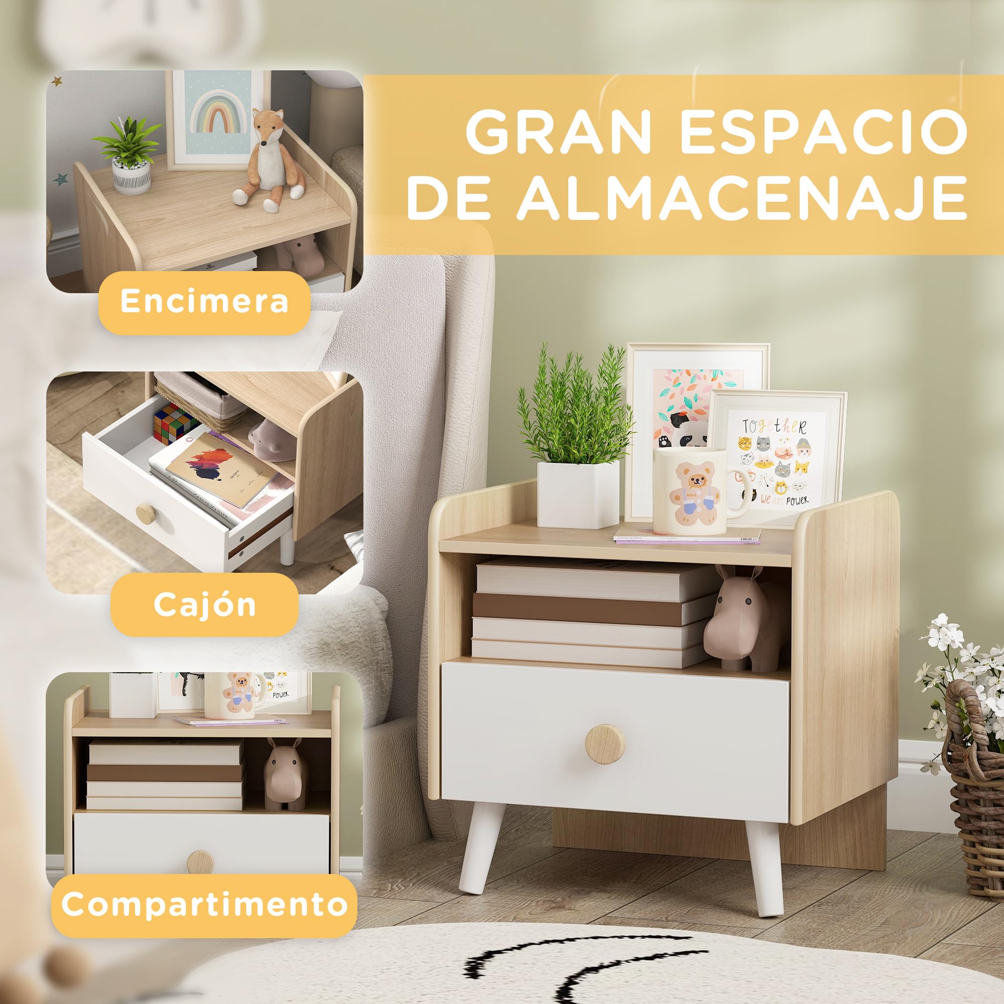 AIYAPLAY Mesita de Noche Infantil de Madera, Mesita de Noche para Niños de +3 Años con Cajón y Bordes Redondeados, para Dormitorio, Blanco y Roble