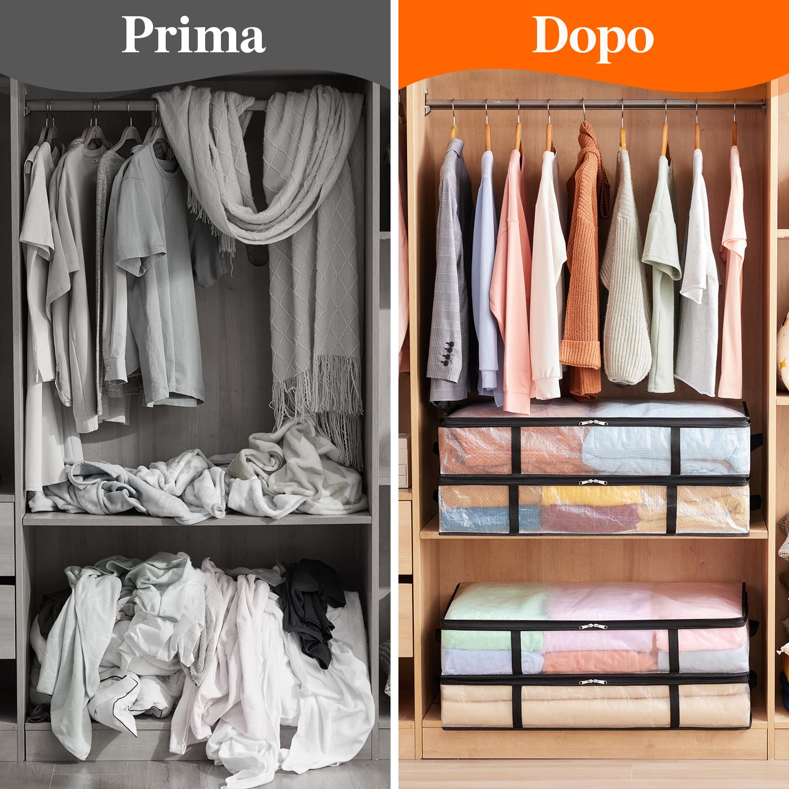 Lifewit 4 Pezzi Scatole per Vestiti Trasparente 60L, Contenitori Sottoletto Pieghevole con Manici, Scatole per Armadio en PP, Scatoloni trasloco, Organizzatore armadio per Vestiti, Coperte, Piumoni