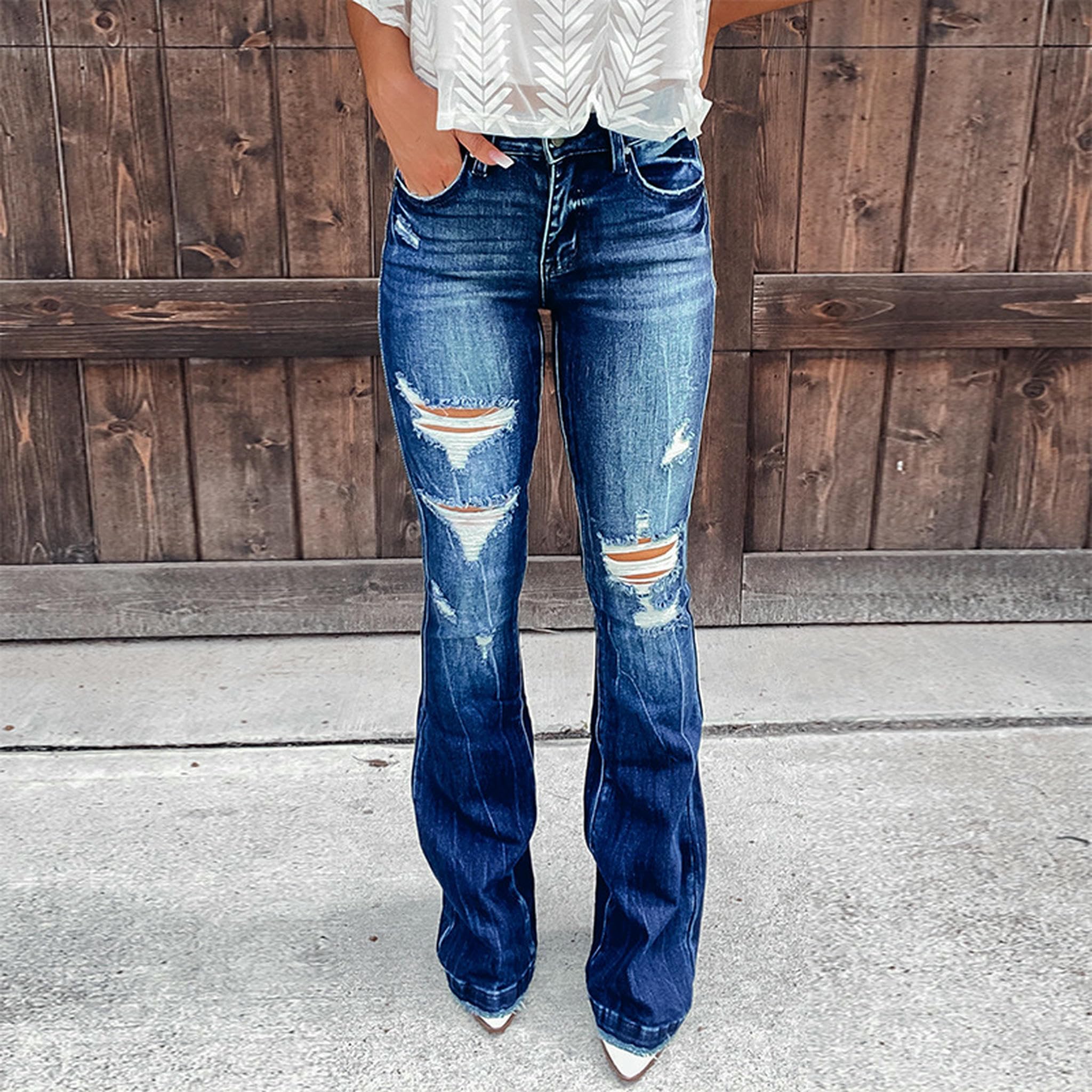 Jeans da Donna Temperamento Casual Primavera E Estate Femminile Strappato Pantaloni A Pedaggio Vita Piena di Strappati-Blu Scuro-m