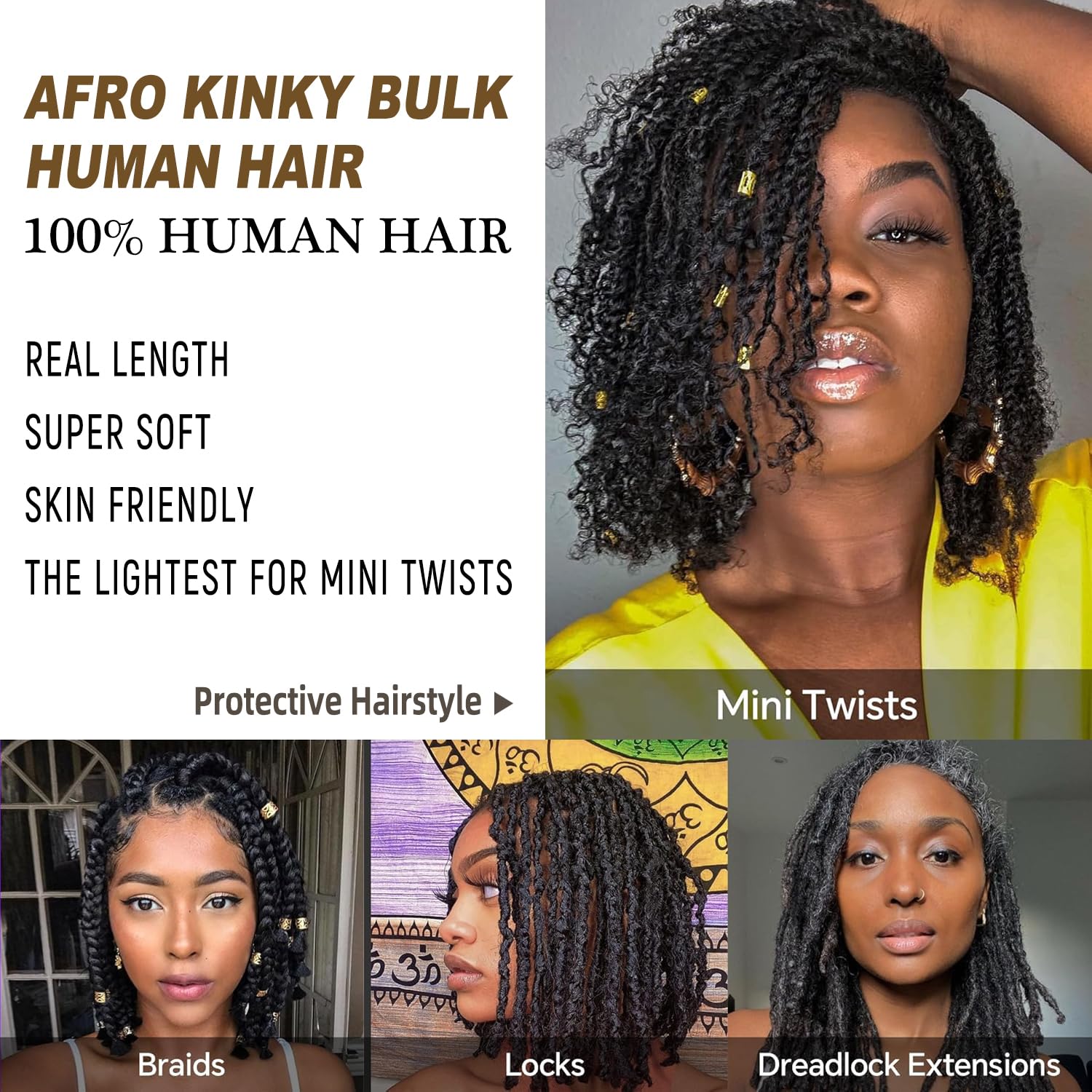 Afro Kinkys Bulk Human Hair for Dreadlock Extensions 3 Packs 150g/Pack Mini Twist Braiding Hair 4C Afro Kinky-Curly Human Hair Springy Twist for Repair Locs (27# - Image 4
