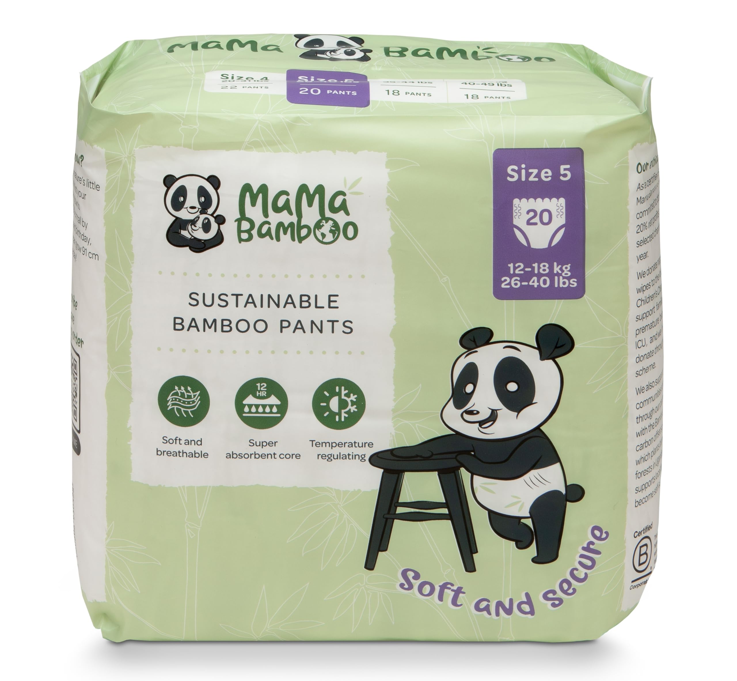 Mama Bamboo Zrównoważone bambusowe spodnie na pieluchy - miękka, oddychająca wiskoza bambusowa - super chłonny rdzeń - z nieszczelnymi elastycznymi panelami - rozmiar 5 (12-18 kg) - 20 spodni