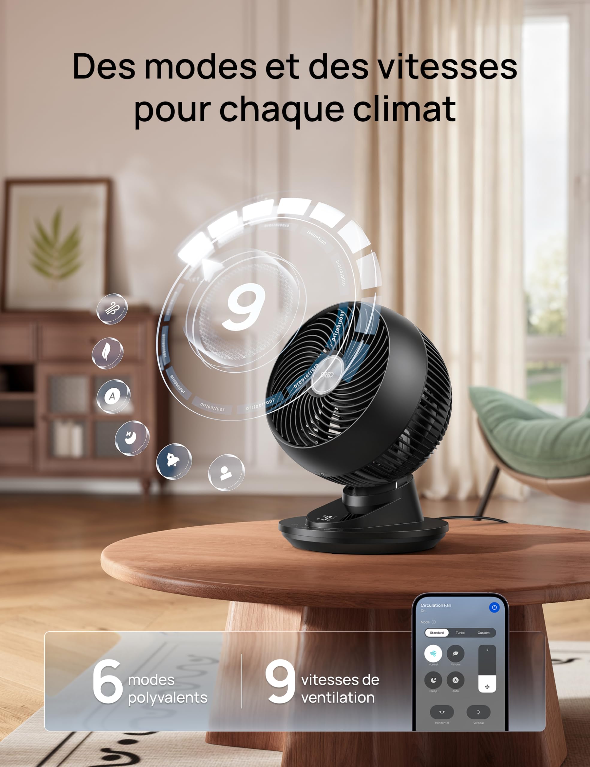 DREO ventilateur de table intelligent 3D pour chambre, flux d’air puissant 8,8 m/s, ultra silencieux 22 dB, oscillation 90°, contrôle app et vocal, 9 vitesses, minuterie 8/12 h pour maison et bureau.