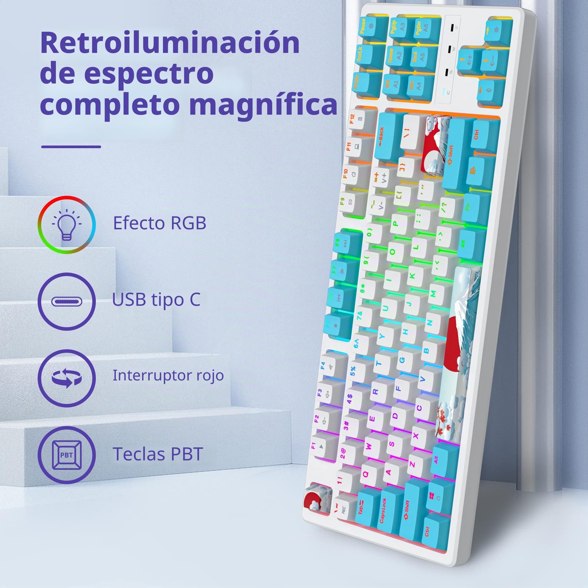 Teclado mecánico para Juegos, 75% Tenkeyless Teclado Gaming con Cable y sin Teclado Numérico, Iluminación RGB，Americano QWERTY