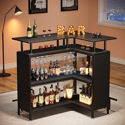 Miniatura 3 de Tribesigns Home Bar Unit L-Shaped Liquor Bar Table with Stemware Racks and 2-Tier Shelves Corner Mini Bar Cabinet Coffee Bar Table with Footrest for