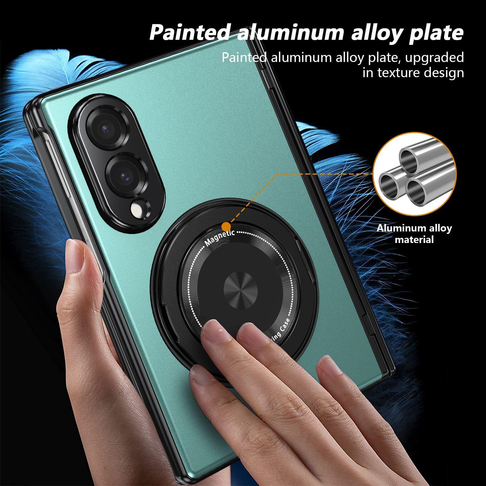 Funda Militar para Samsung Galaxy Z Fold 8, Bisagra, Anillo, Protector | Anillo giratorio magnético y protección de lente. Borde elevado, carcasa PC cool antihuellas(Gold)