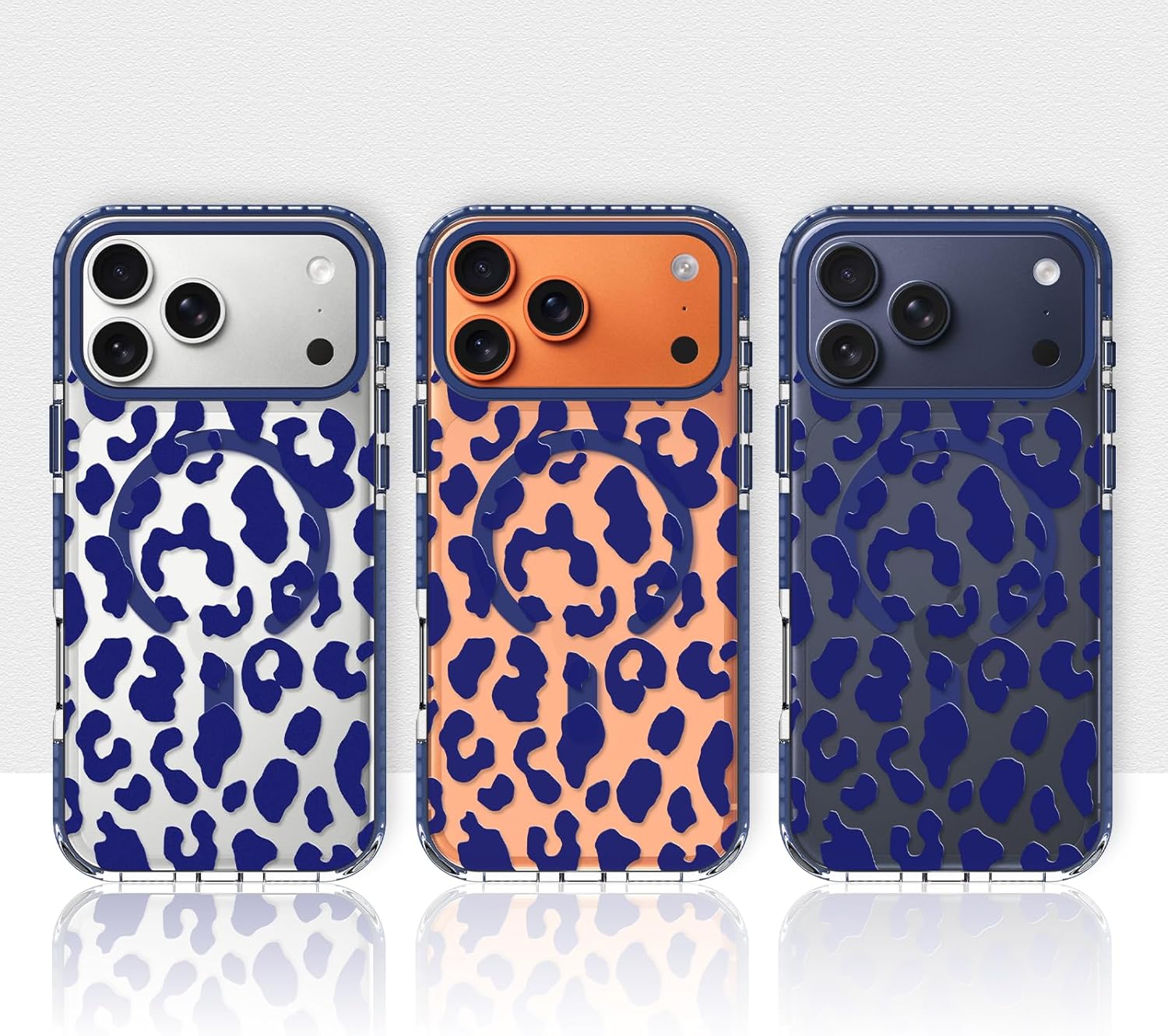 MZELQ Clear Magnetic Case Designed for iPhone 17 Pro Max 6.9 in, Cute Leopard Cheetah Pattern, Compatible with Magsafe, Slim Crystal Transparent Hard Back Protection Cover for Women Men, Dark Blue