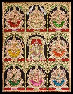 Tarang Arts Traditional Tanjore Painting of Ashtalakshmi, Handmade Indian Temple Art, Gold Leaf Work with Vibrant Colors, Religious Wall Decor 48x36cm