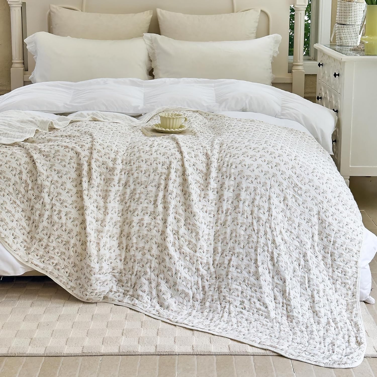 SANACYNA Muslin Blanket 100% Cotton 6-Layer Gauze Floral Bed Blanket Lightweight Soft Breathable Cooling Blanket for Sofa Couch Bed Coverlet Both Sides (Floral A, Throw 50"x60") - Image 4