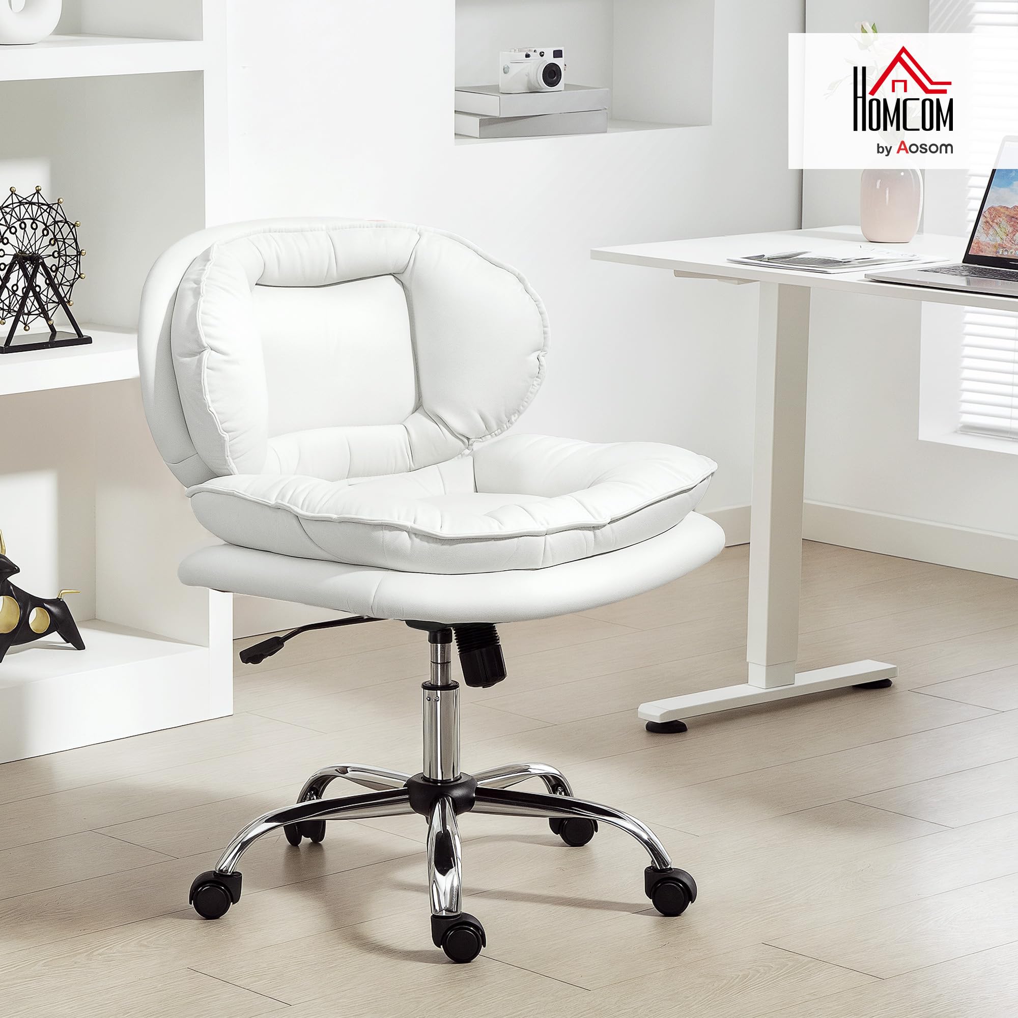 HOMCOM Silla de Oficina Piernas Cruzadas sin Brazos, Ruedas Blanco | Silla Tocador con Asiento Ancho, Altura Ajustable, Doble Acolchado, Giratoria, Función Basculante, Tapizada en PU
