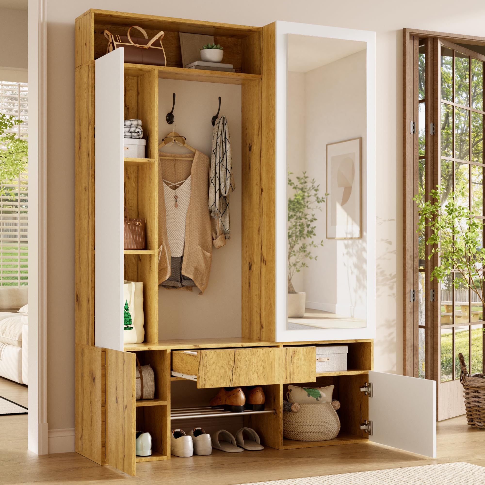 Perchero de madera MDF con espejo, color blanco natural